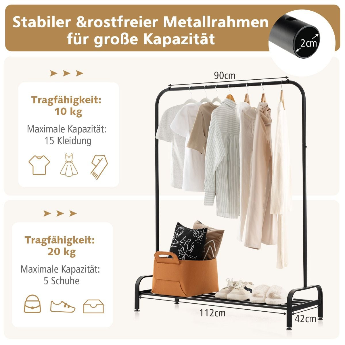 Kleiderständer Mit Verstellbaren Füßen & Kleiderstange & Ablagefach 112 X 42 X 145 Cm Schwarz