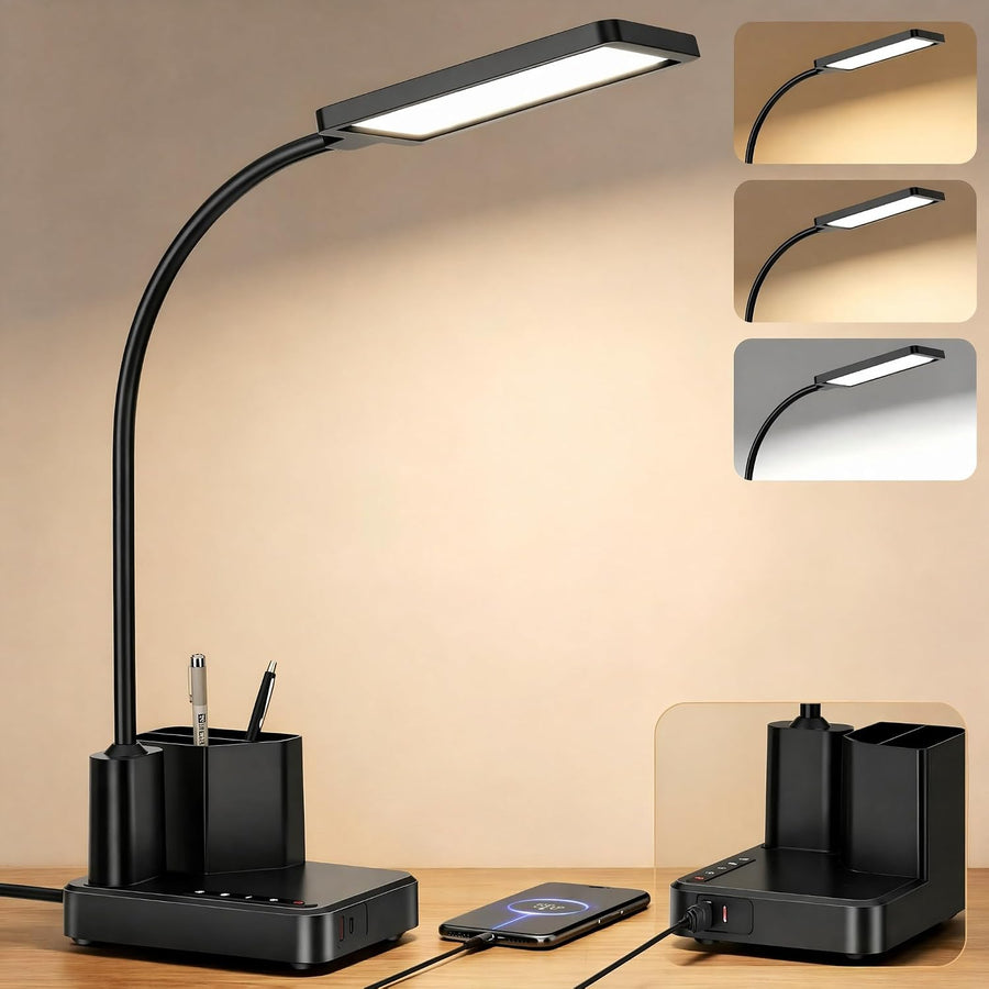 15W LED Schreibtischlampe Mit Ladefunktion, Dimmbar,60M Timer,Augenschutz Design,Flexibler Lampenarm, 3 Farbtemperaturmodi,3 Helligkeitsstufen,Für Kinder,Schlafzimmer,Lektüre, Büros (Schwarz)