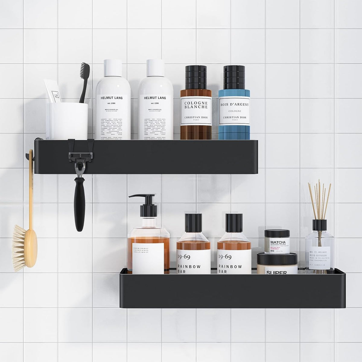 Duschablage Ohne Bohren - 2 Stück Rostfreie Badezimmer Organizer, Schnell Trocknende Badregal Ohne Bohren Mit Großer Kapazität, Langlebige Shampoo Halterung Für Duschel, Large, Weiß, Schwarz