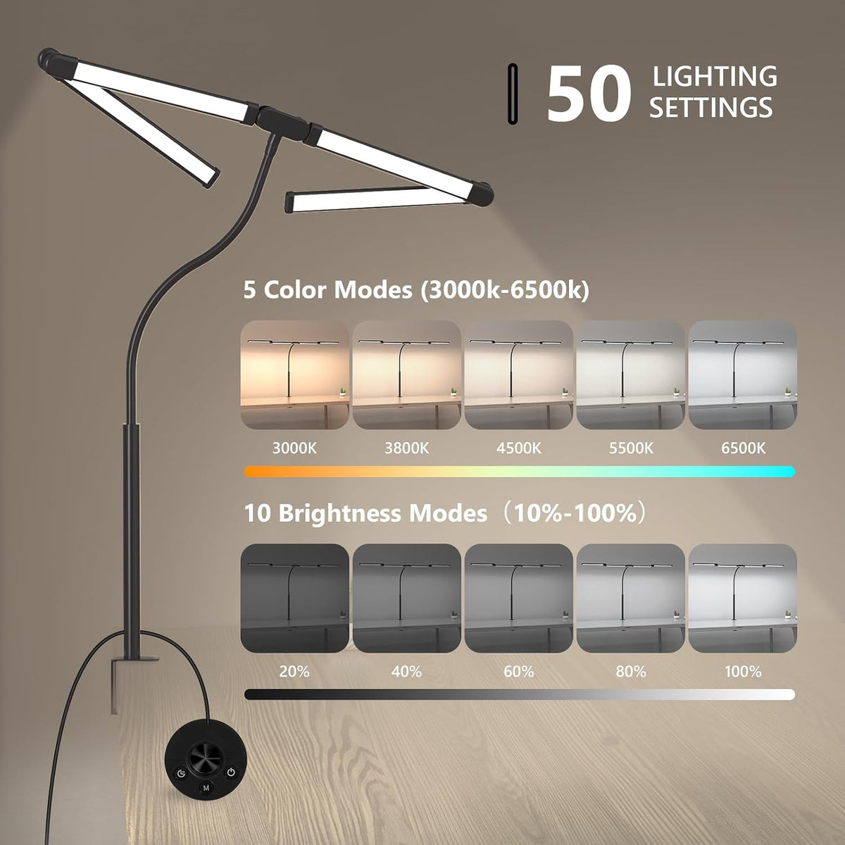 Comely Schreibtischlampe LED Dimmbar 24W, 120Cm 2750LM Schreibtischlampen, 4-Led Schreibtischlampe Klemmbar Mit 5 Farbtemperatur, Arbeitsplatzleuchte Mit 10 Helligkeitsstufen, Schwarz