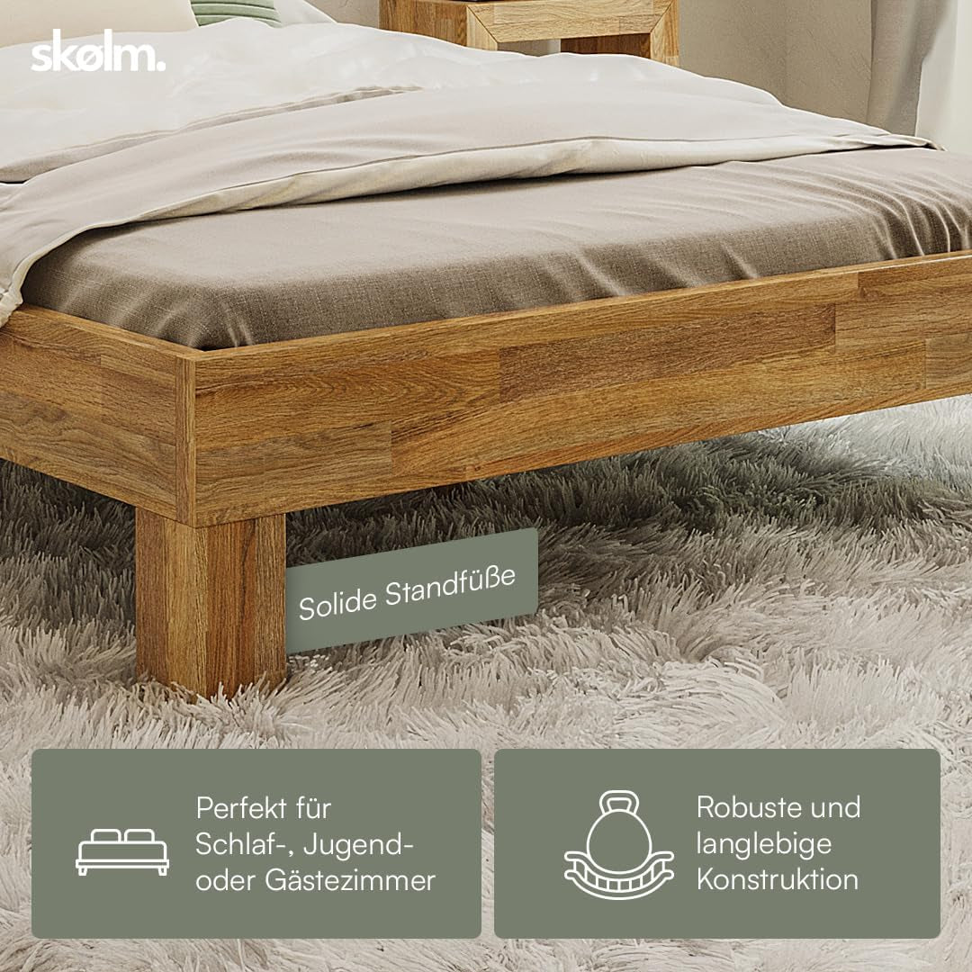 Floki Massivholzbett 140X200 Cm Aus Eiche - Hochwertiges Bettgestell - Bettrahmen Mit Bettkopf - Holzbett in Natur Geölt - Bett Geeignet Als Doppelbett - Futonbett Schlafzimmer