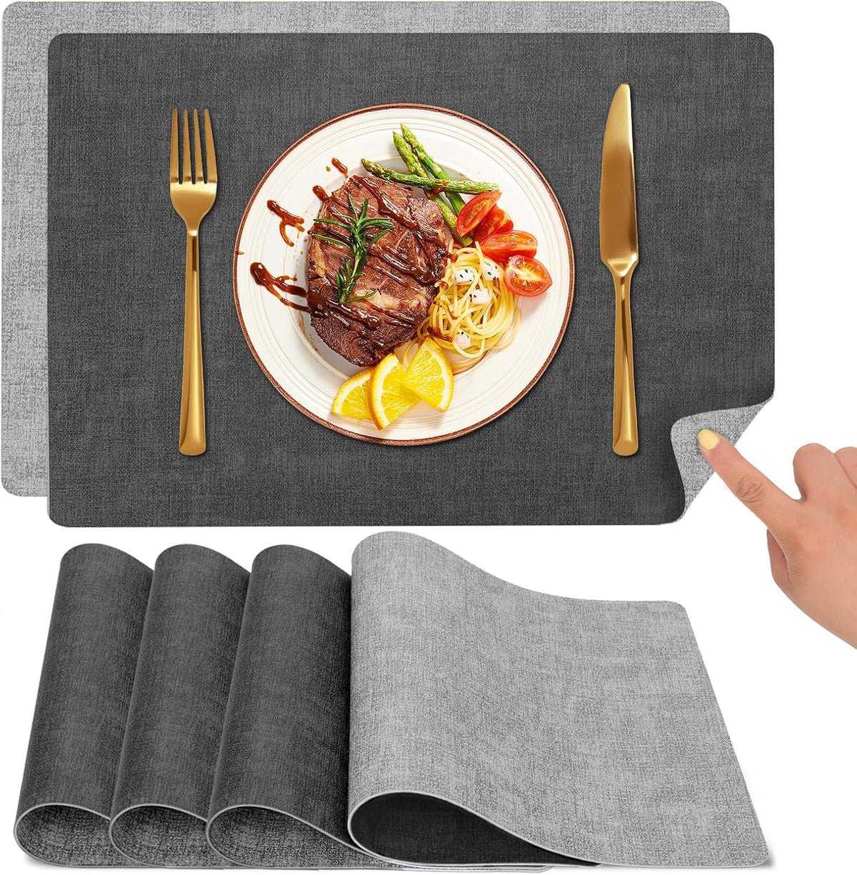 Tischsets Abwaschbar Und Untersetzer 6Er Set, Platzsets Abwaschbar Doppelseitig Bedruckt Kunstleder Schmutzabweisend & Rutschfest, Platzdeckchen Abwischbar Mit Lederoptik Für Esszimmer