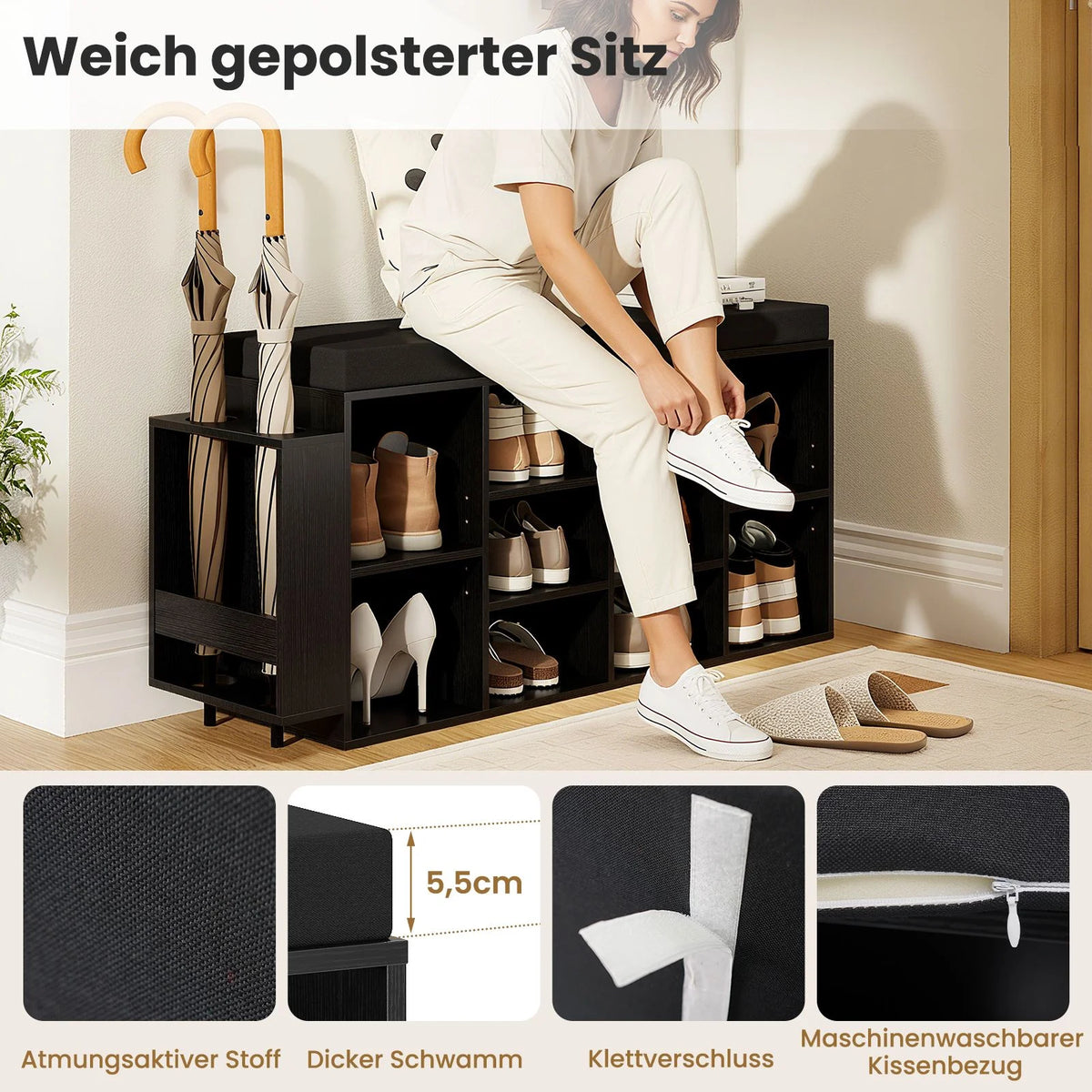 Schuhbank Mit Schirmhalter Mit Gepolsterter Sitzfläche & Abnehmbare Regalböden Schwarz