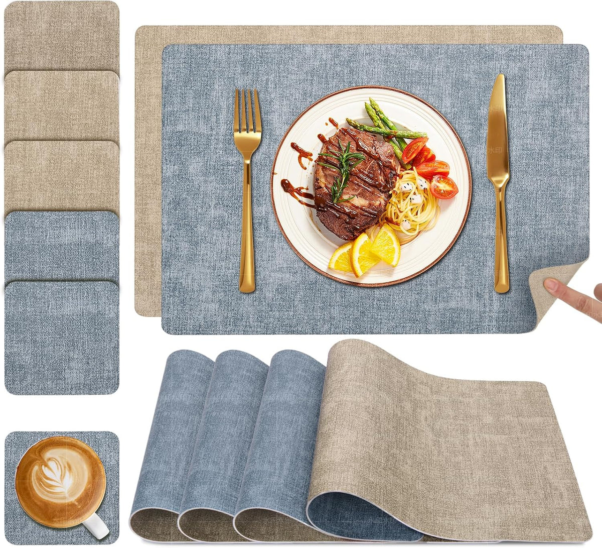 Tischsets Abwaschbar Und Untersetzer 6Er Set, Platzsets Abwaschbar Doppelseitig Bedruckt Kunstleder Schmutzabweisend & Rutschfest, Platzdeckchen Abwischbar Mit Lederoptik Für Esszimmer