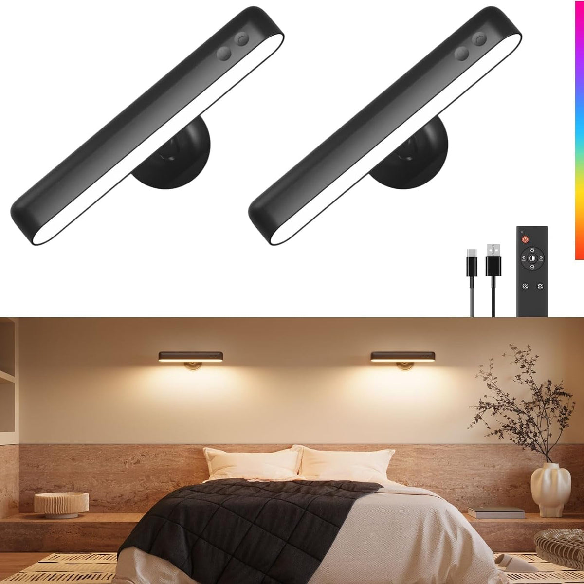Popoiron Akku Wandleuchten 7500Mah, Wiederaufladbare Led-Wandleuchten Für Schlafzimmer Mit Touch- Und Fernbedienung, 3 Farben, Kabellose Wandlampe, 360° Drehbar, Dimmbare Mit 15 Rgb-Farben