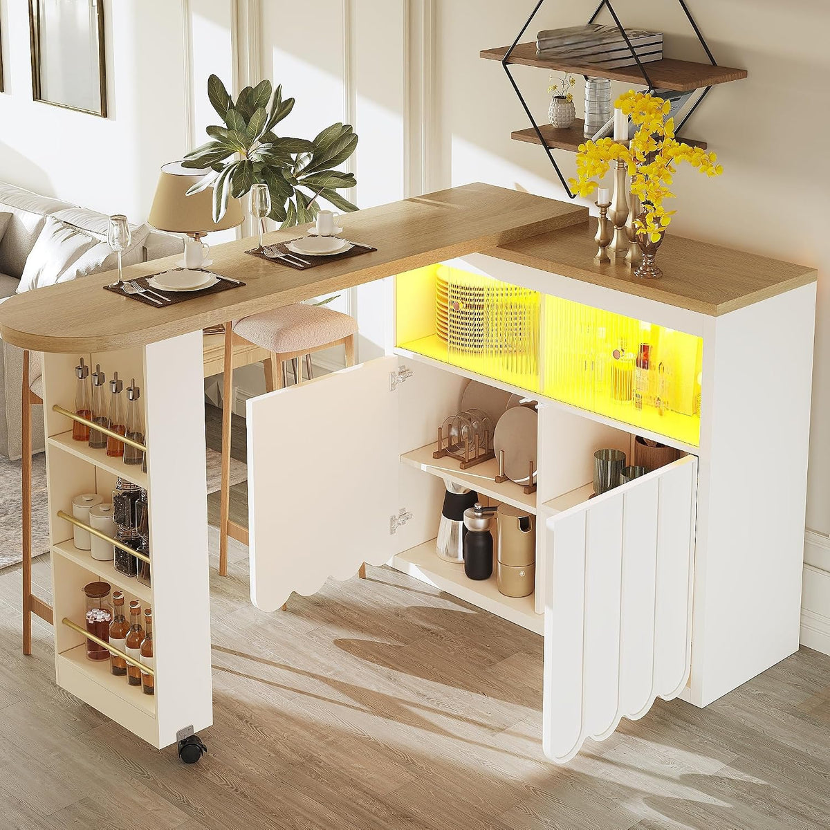 Ausziehbarer Bartisch Küchenschrank Höhe 100 Cm Mit Esstisch Ausziehbar Und LED Licht, Kücheninsel Sideboard Mit Stauraum, Buffetschrank Bistrotisch Barschrank Für Küche Und Esszimmer, Schwarz