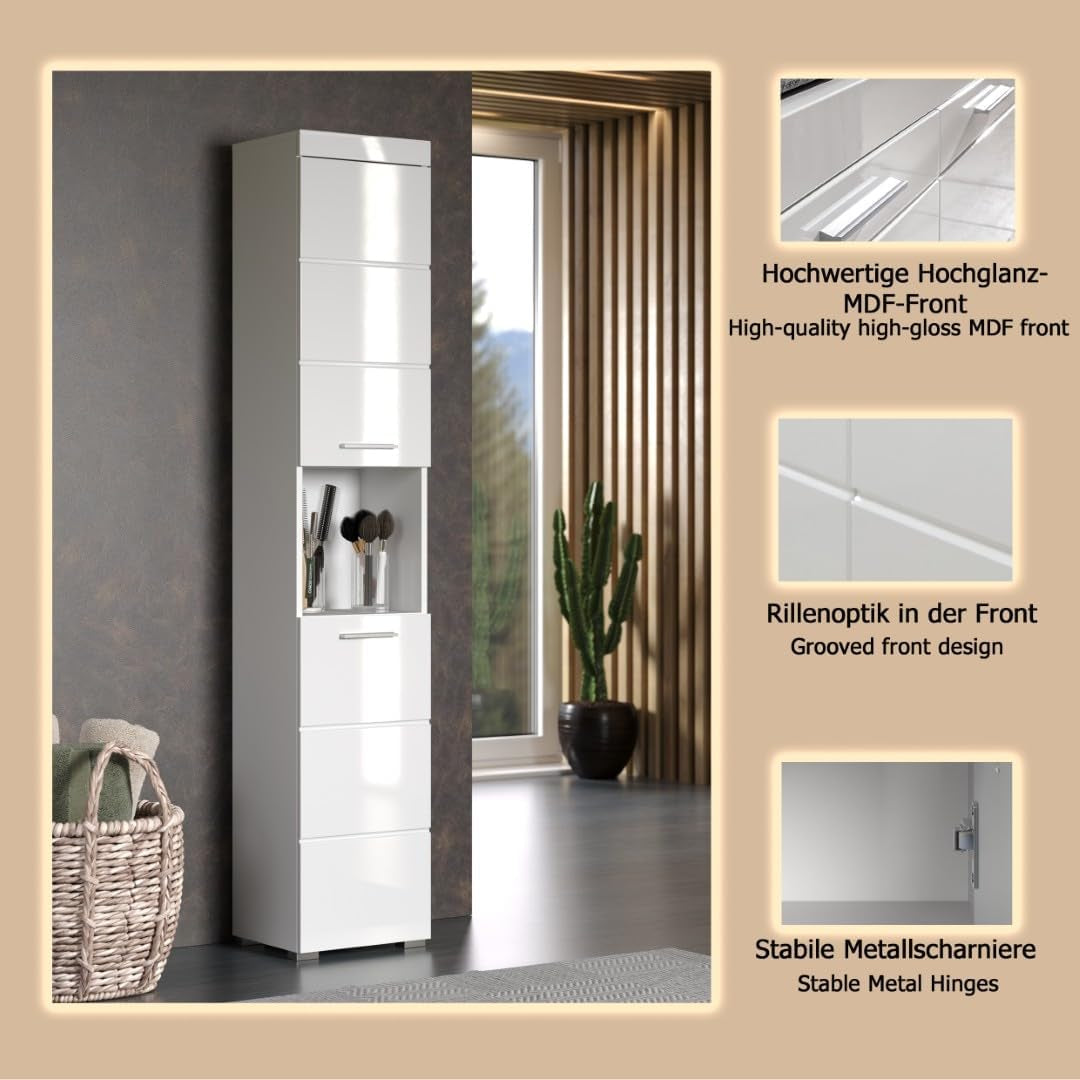 Trendteam Smart Living - Amanda - Hochschrank - Weiß Hochglanz - Badezimmerschrank Mit 2 Verstellbaren Einlegeböden - (Bxhxt) 37 X 190 X 31 Cm - Moderner Badschrank Mit 4 Fächern Und Einer Ablage