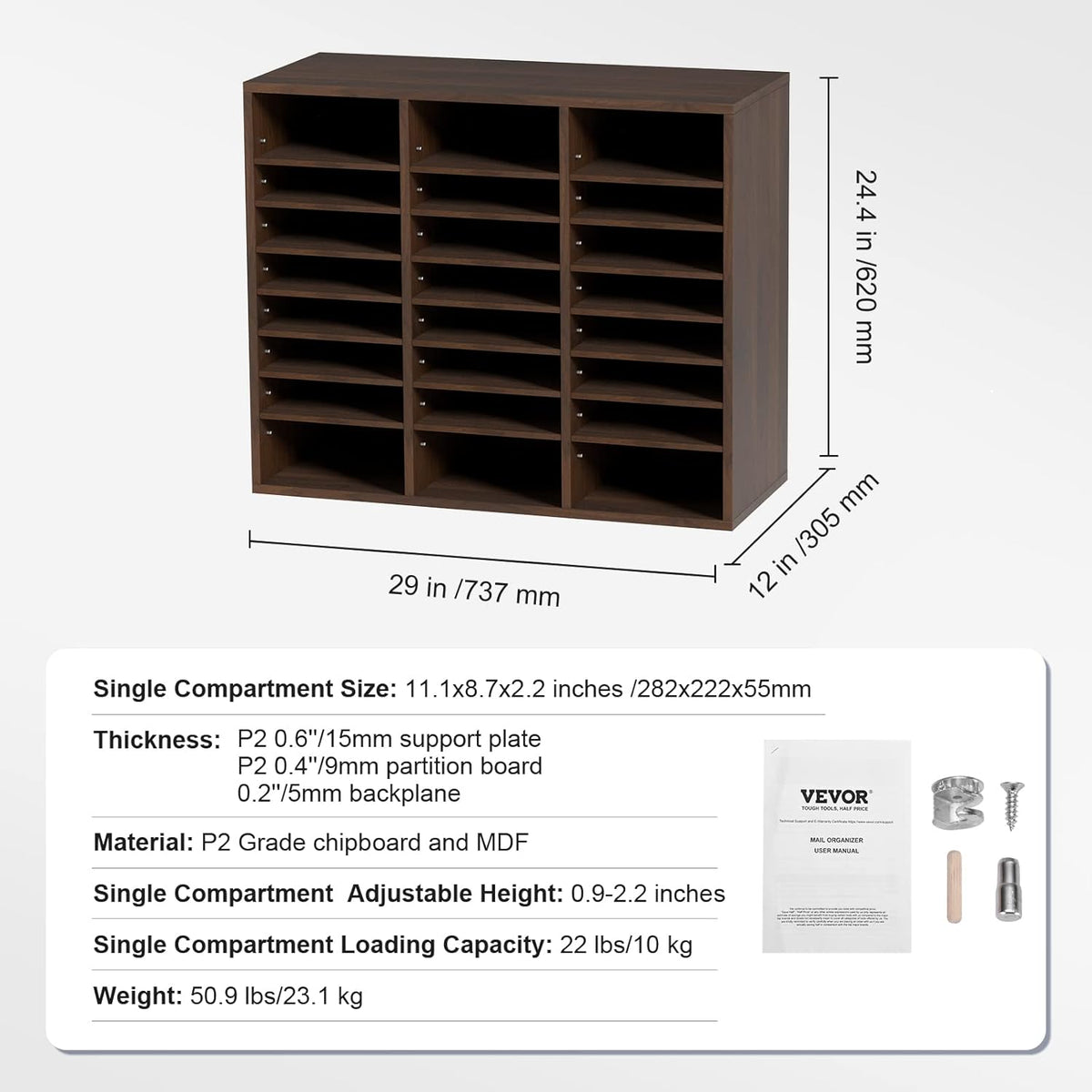 VEVOR Briefablage 24 Fächer Organizer Aus MDF, Dokumentenablage Vintage Braun 737 X 305 X 620 Mm, Ablagefächer Desktop-Aktenhalter Dokumentenlager, Dokumentenhalter Zu Hause, Im Büro, Im Klassen Usw.