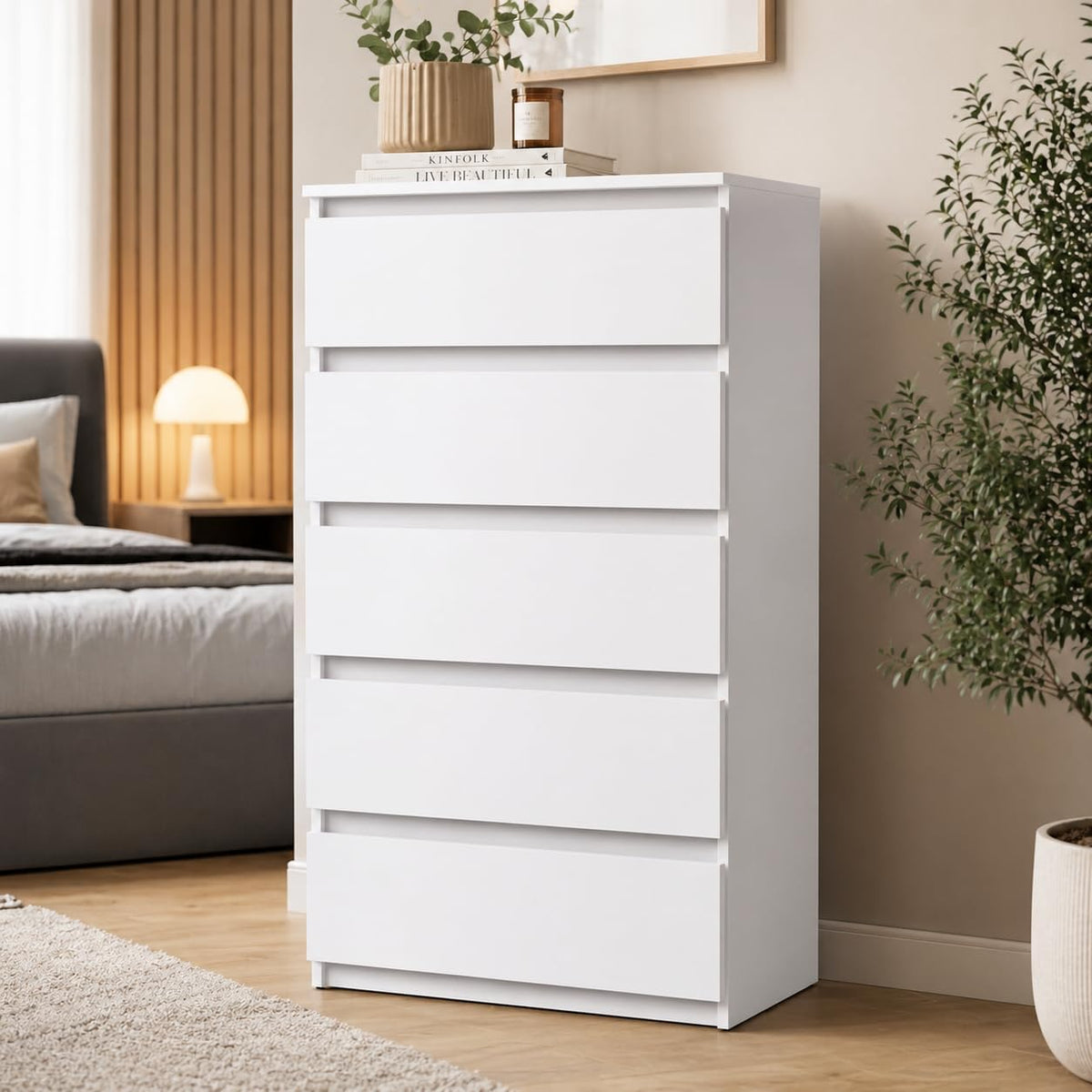 Kommode Mit 5 Schubladen - Holz Sideboard 70X115X33,5 Cm (B/H/T) - Schmale Kommode Für Schlafzimmer & Flur - Regal Mit Schubladen - Schrank Mit Schubladen (Grau Matt/Wotan)