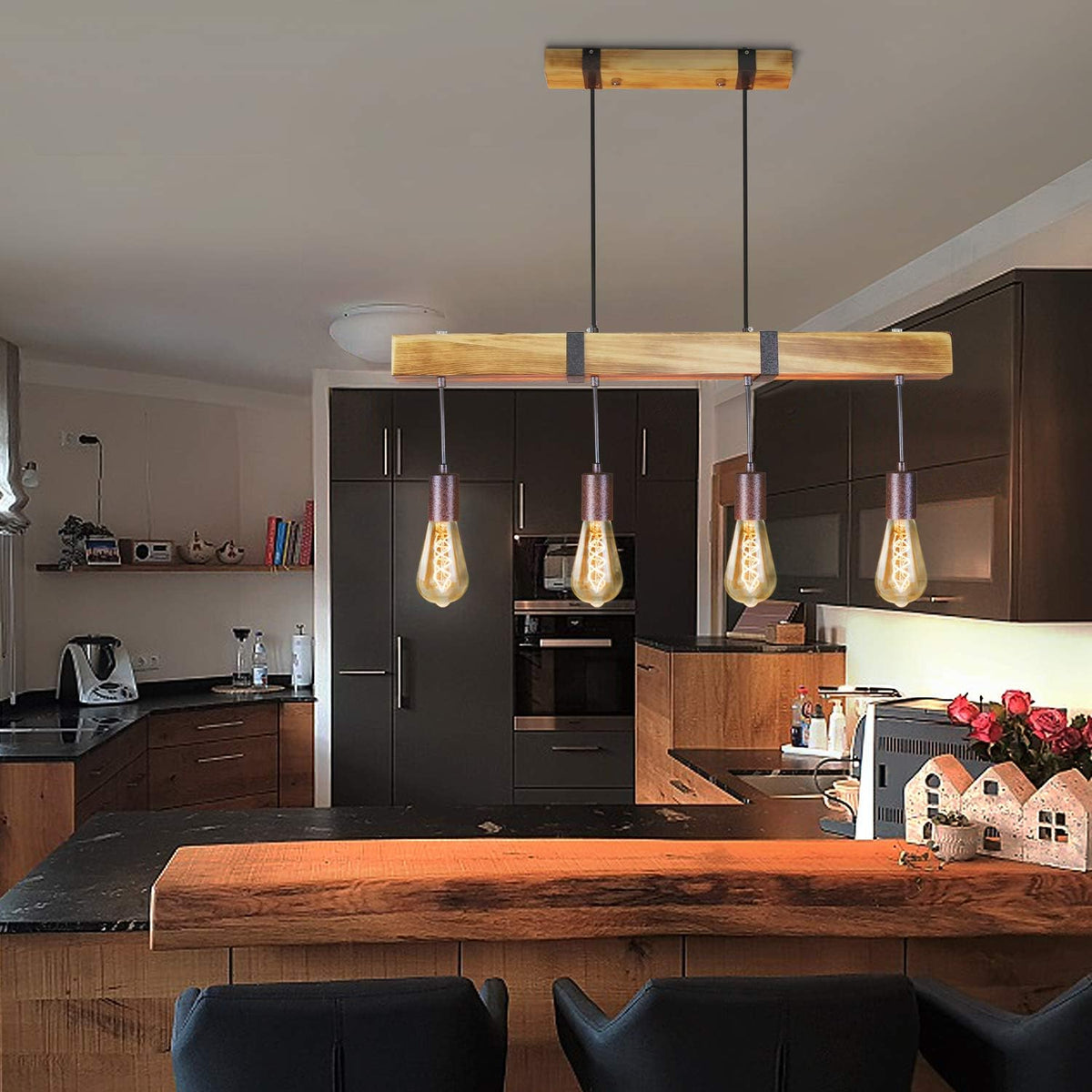 GBLY Vintage Pendelleuchte Holz Esstischlampe Retro Hängeleuchte Mit 80CM Holzbalken 4 X E27 Max. 25 Watt Hängelampe Industrial Pendellampe Für Esszimmer Küche Wohnzimmer Bar Restaurant