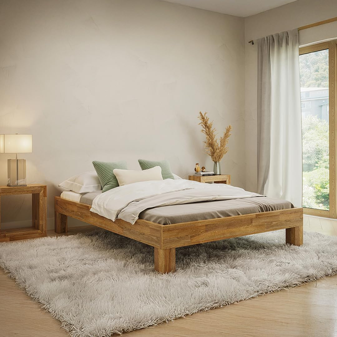 Floki Massivholzbett 140X200 Cm Aus Eiche - Hochwertiges Bettgestell - Bettrahmen Mit Bettkopf - Holzbett in Natur Geölt - Bett Geeignet Als Doppelbett - Futonbett Schlafzimmer