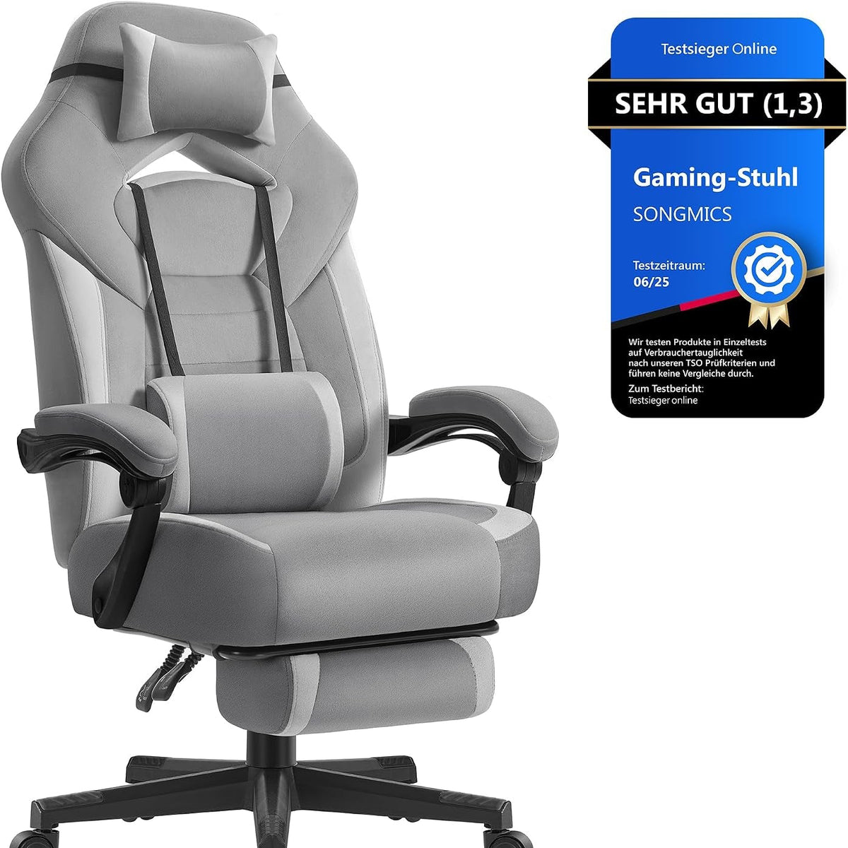 SONGMICS Gaming-Stuhl, Ergonomisches Design, Mit Fußstütze | Bürostuhl, Computerstuhl, Verstellbares Kopfkissen, Lendenkissen, Tragkraft 150 Kg, OBG077G01