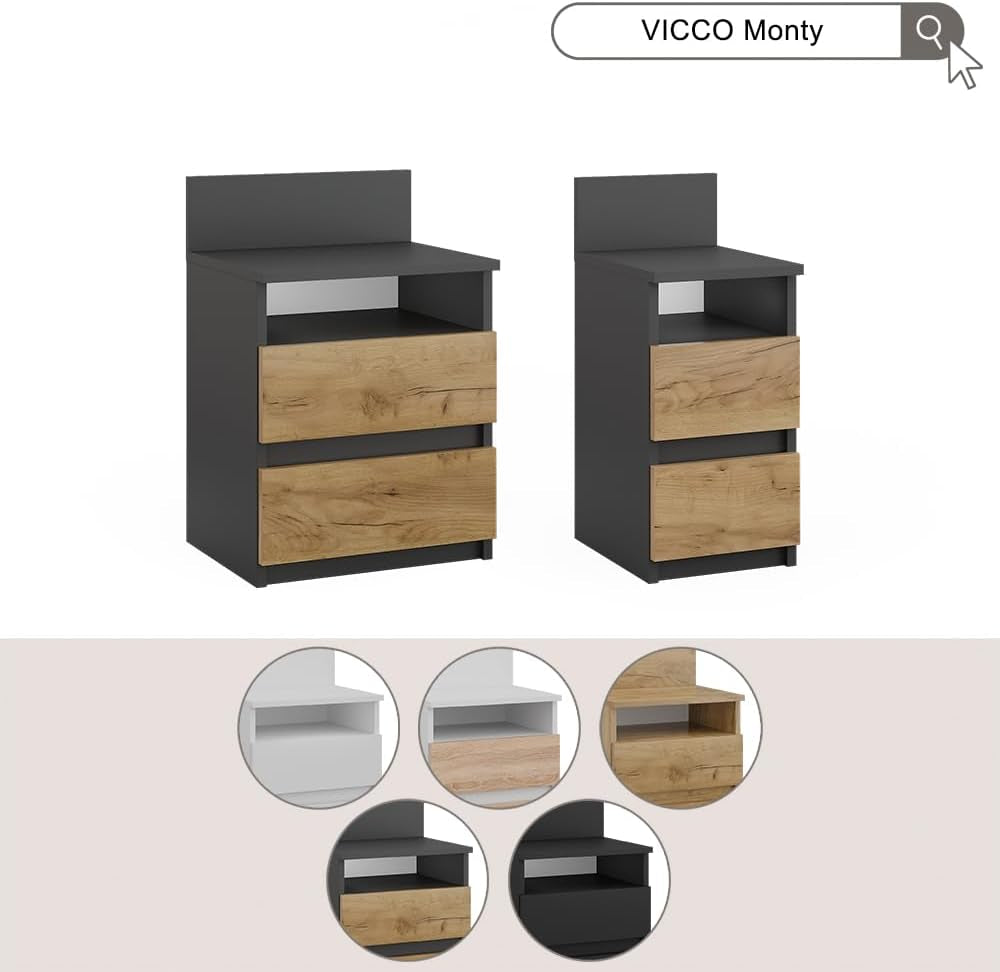 Vicco Nachttisch Monty, Anthrazit/Goldkraft Eiche, 2Er Set, Zur Ablage Von Alltagsgegenständen Im Schlafzimmer
