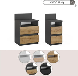 Vicco Nachttisch Monty, Anthrazit/Goldkraft Eiche, 2Er Set, Zur Ablage Von Alltagsgegenständen Im Schlafzimmer