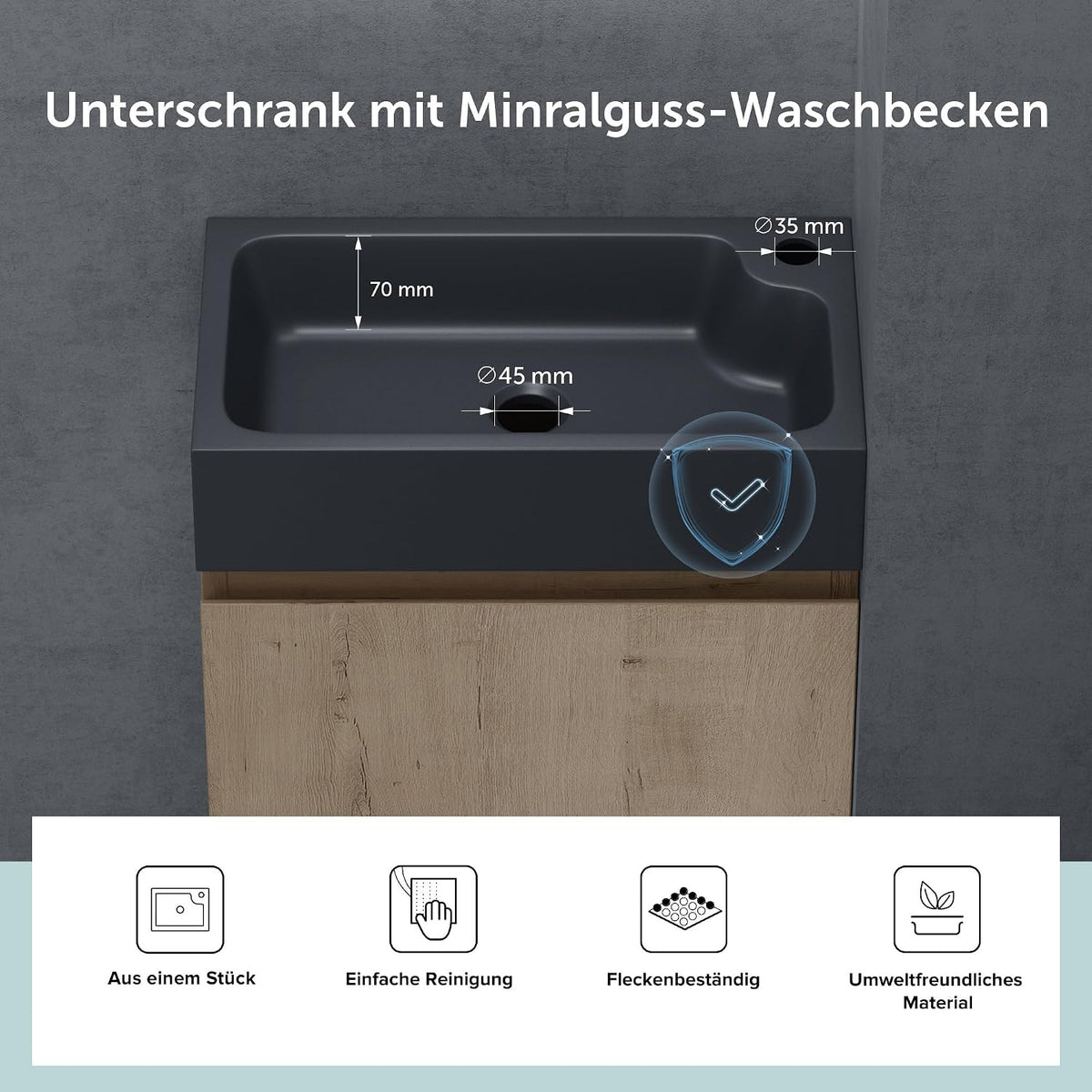Doporro Badezimmerschrank Badmöbel-Set in Eiche Greige Bxtxh: 46X26X63Cm Waschtisch Mit Unterschrank Mit Mineralguss-Waschbecken in Matt Anthrazit Gäste-Wc Wandmontage Pisa02