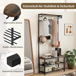 Garderobenständer Mit Bank & Schuhaufbewahrung 5-In-1 Flurorganizer Mit Ablagefach Kleiderstangen Rustikales Braun
