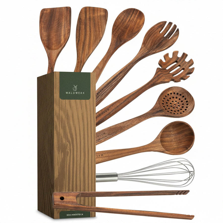 WALDWERK Küchenhelfer Set Aus Holz - 9-Teilig Mit Grillzange, Schneebesen, Pfannenwender, Löffel Und Nudelschöpfer - Kochutensilien