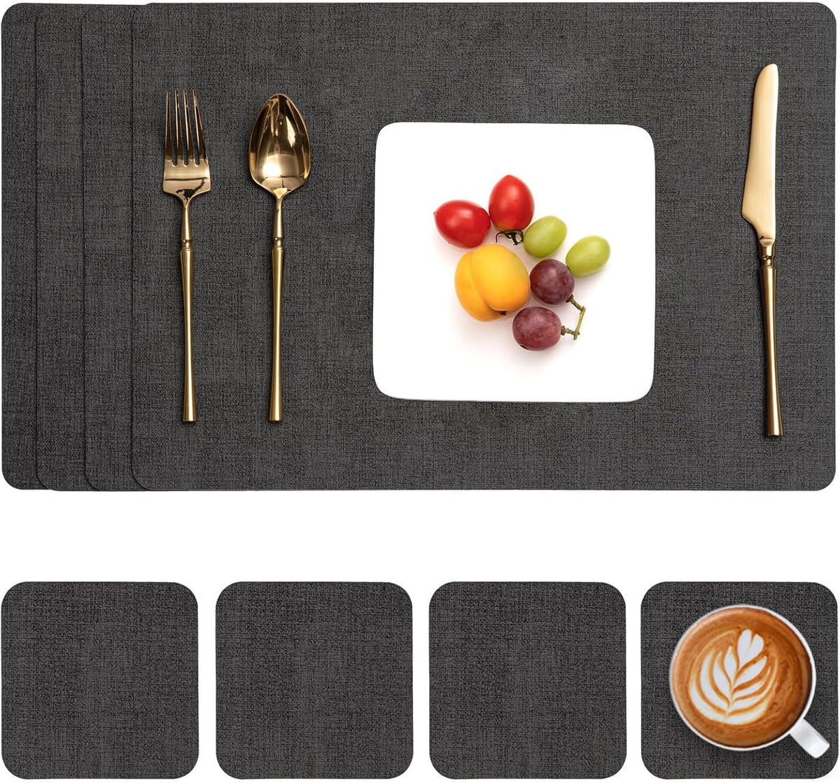 Tischsets Abwaschbar Und Untersetzer 6Er Set, Platzsets Abwaschbar Doppelseitig Bedruckt Kunstleder Schmutzabweisend & Rutschfest, Platzdeckchen Abwischbar Mit Lederoptik Für Esszimmer