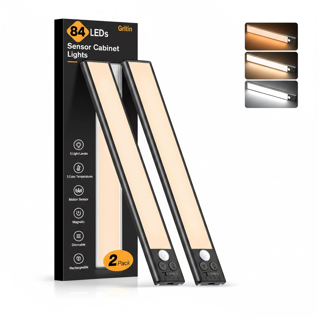 Gritin 26Cm Schrankbeleuchtung Unterbauleuchte Küche LED Bewegungsmelder, Hell Küche Licht Aufladbar,3 Farbe&5 Helligkeit,4 Modi,Einfach Montage Stark Magnet Schranklicht, 2 Stück-Schwarz