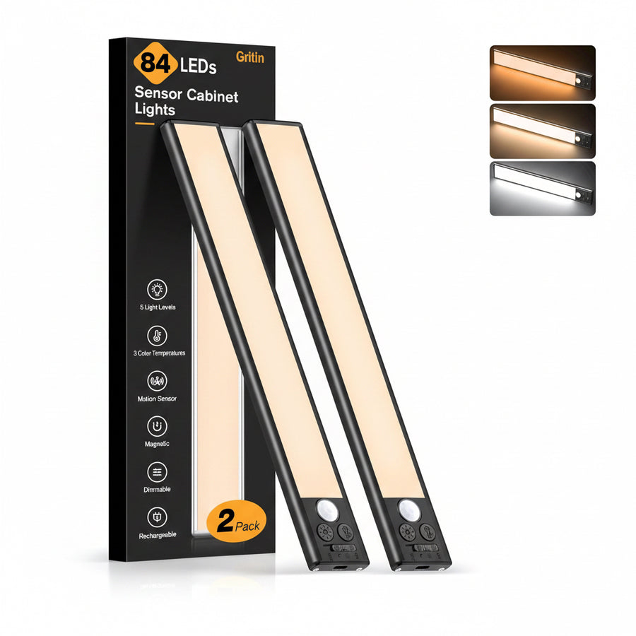 Gritin 26Cm Schrankbeleuchtung Unterbauleuchte Küche LED Bewegungsmelder, Hell Küche Licht Aufladbar,3 Farbe&5 Helligkeit,4 Modi,Einfach Montage Stark Magnet Schranklicht, 2 Stück-Schwarz