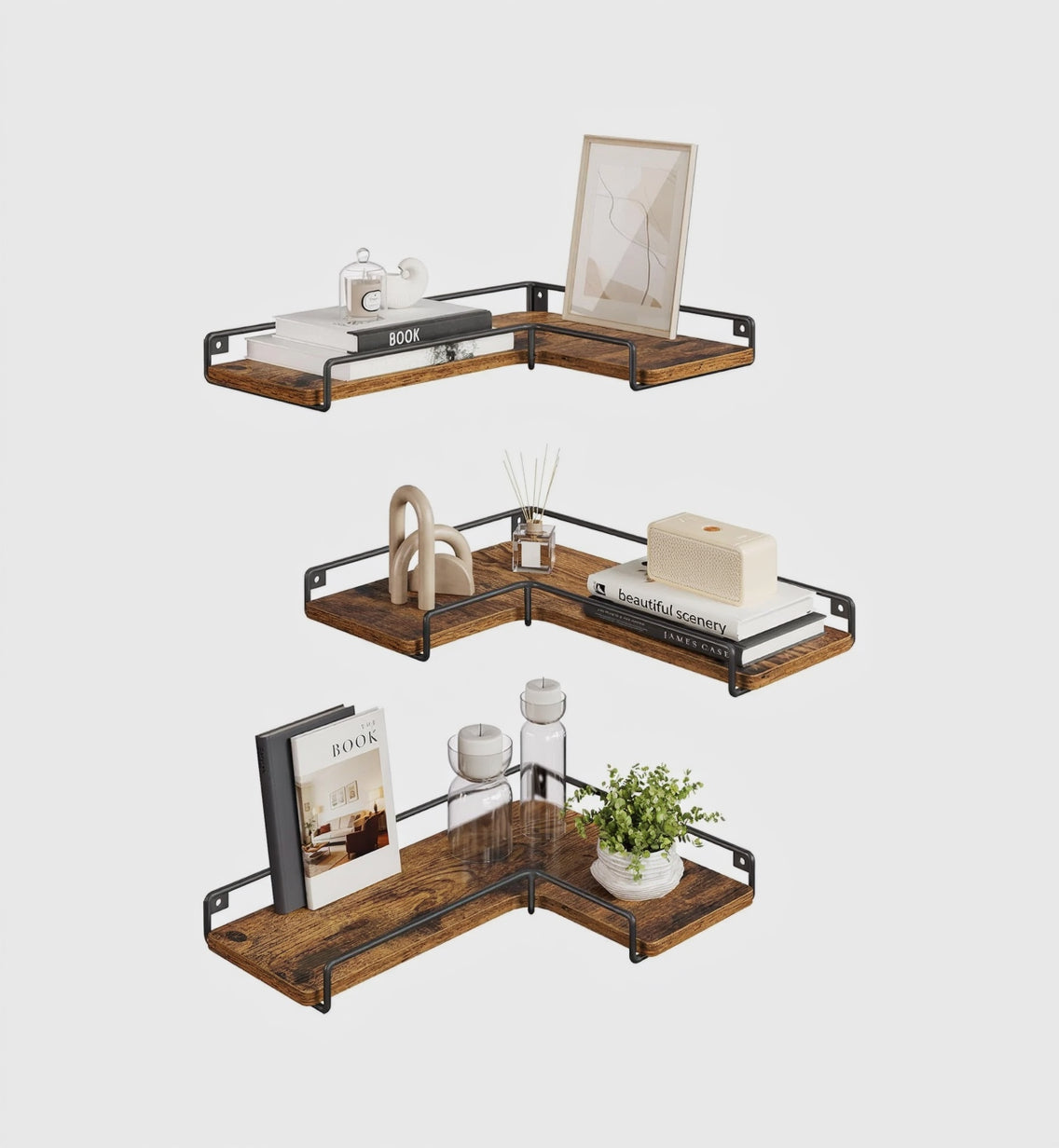 VASAGLE L-Förmiges Eckregal, 2Er Set, Wandregal, Industrie-Design, Für Wohnzimmer, Schlafzimmer, Küche, Vintagebraun-Schwarz LLS831B01