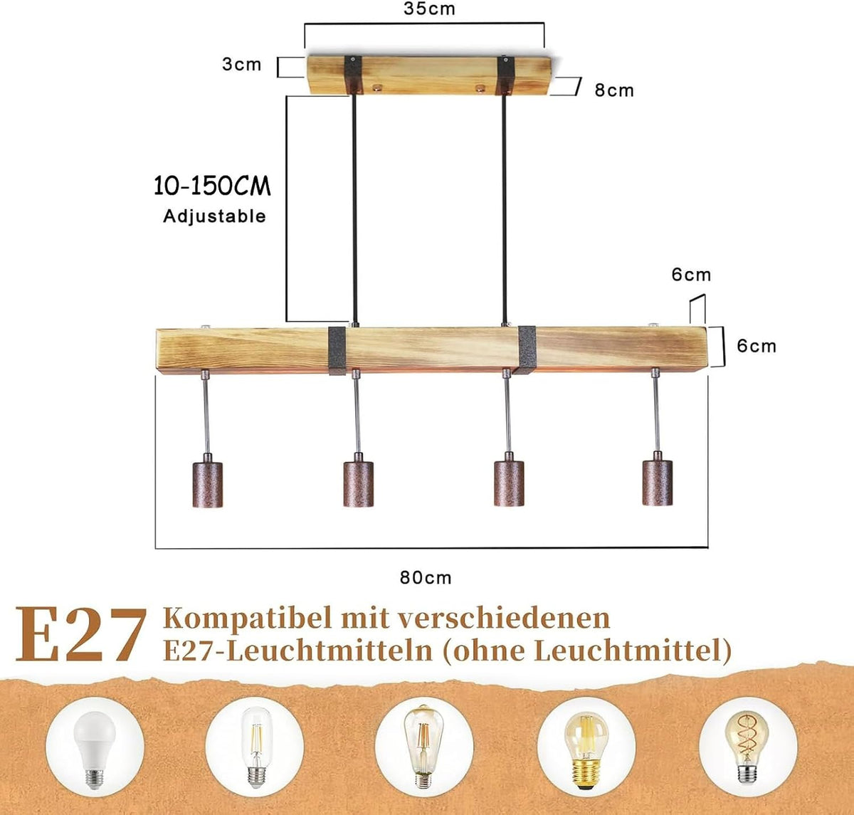 GBLY Vintage Pendelleuchte Holz Esstischlampe Retro Hängeleuchte Mit 80CM Holzbalken 4 X E27 Max. 25 Watt Hängelampe Industrial Pendellampe Für Esszimmer Küche Wohnzimmer Bar Restaurant