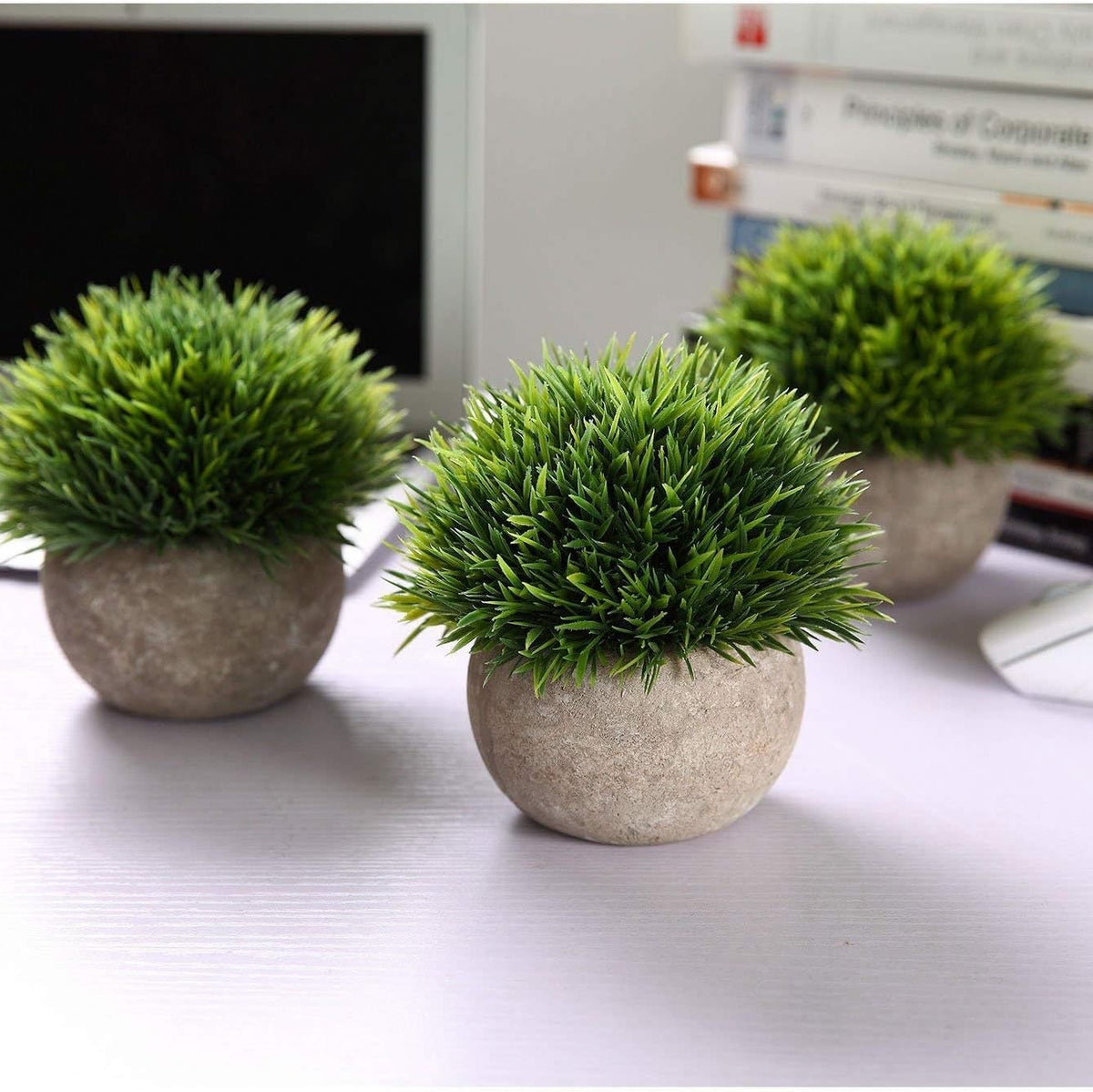 T4U Künstliche Pflanzen Grün Graspflanzen Kunstpflanze Mit Grauen Topf, Klein Kunstpflanze Sukkulenten Künstlich Deko Fake Plant Für Hochzeit Büro Zuhause Wohnung Dekoration, Grün 3Er Set