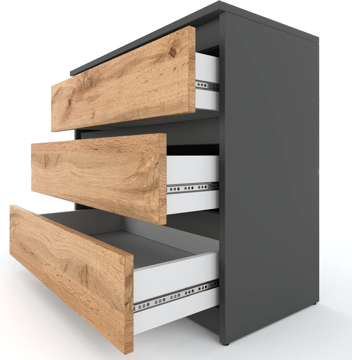Kommode Mit 3 Schubladen – Schmale Schlafzimmer Kommode, Modernes Sideboard Holz - Grau Matt/Wotan – 80 X 71,5 X 33,5 Cm