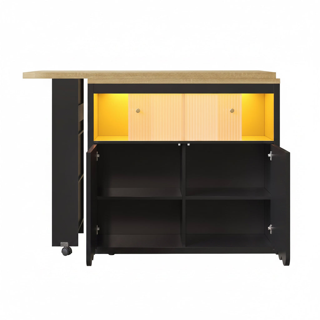 Ausziehbarer Bartisch Küchenschrank Höhe 100 Cm Mit Esstisch Ausziehbar Und LED Licht, Kücheninsel Sideboard Mit Stauraum, Buffetschrank Bistrotisch Barschrank Für Küche Und Esszimmer, Schwarz