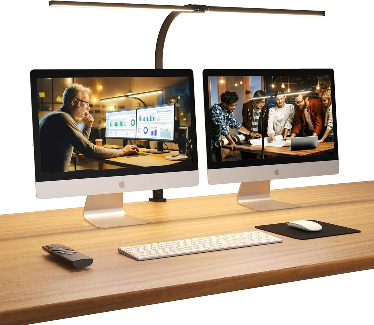 Doppelkopf Schreibtischlampe LED Dimmbar, 24W 80CM Klemmbar Tageslichtlampe Schreibtisch Lampe, Schwanenhals Büro Tischlampe Augenschutz Arbeitsplatzleuchte Monitor Lampe, Schwarz