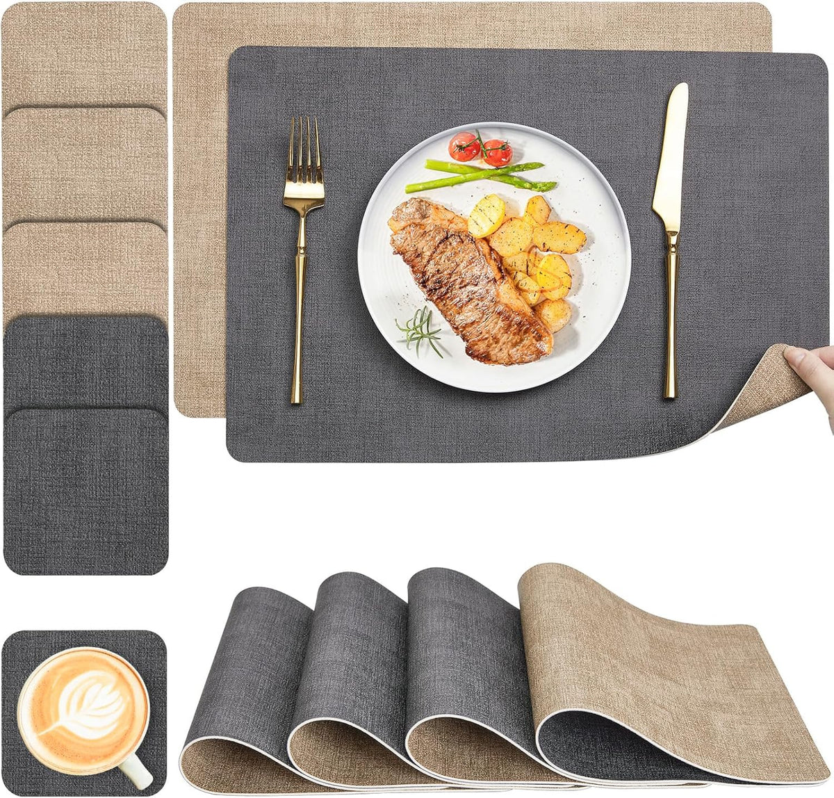 Tischsets Abwaschbar Und Untersetzer 6Er Set, Platzsets Abwaschbar Doppelseitig Bedruckt Kunstleder Schmutzabweisend & Rutschfest, Platzdeckchen Abwischbar Mit Lederoptik Für Esszimmer