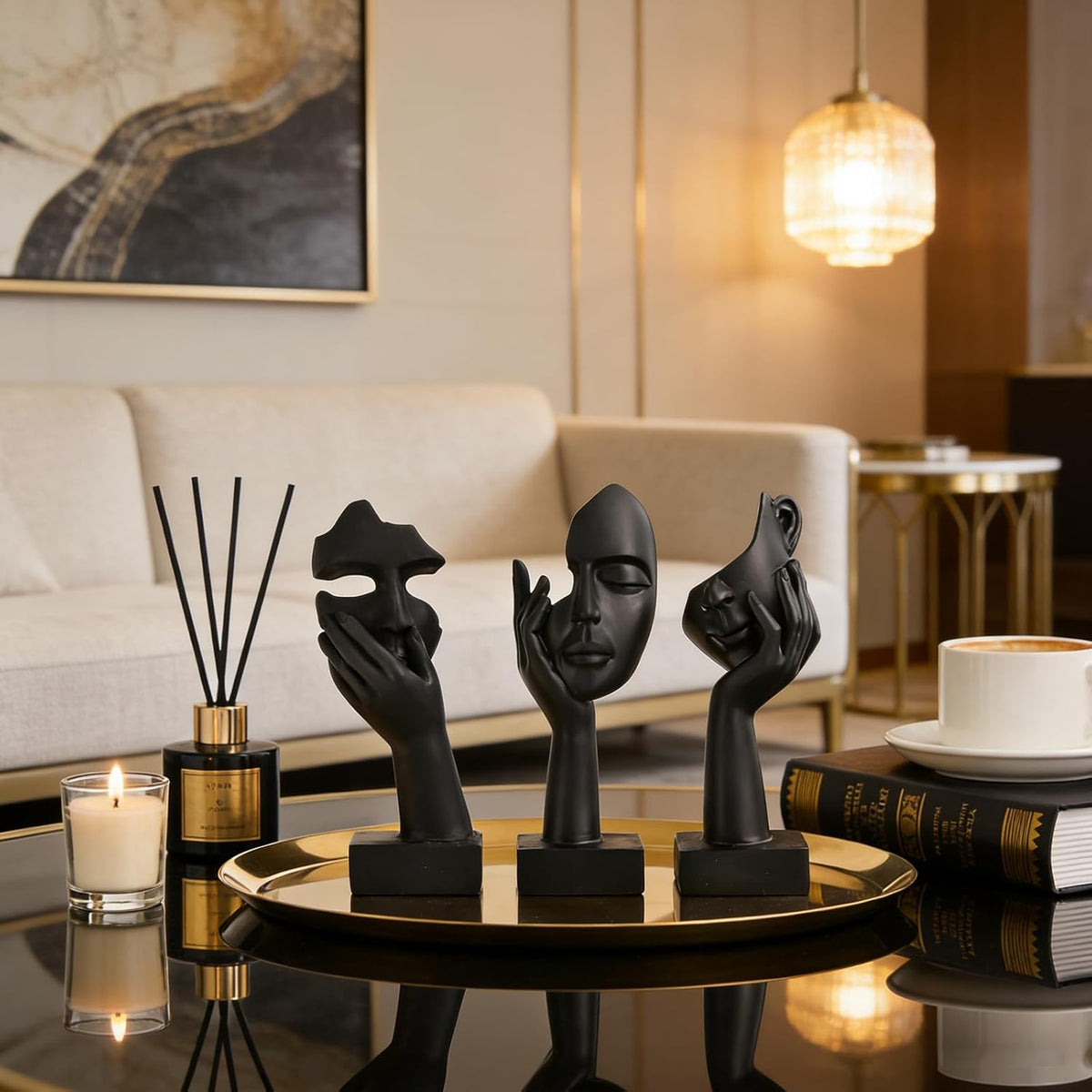 Schwarze Heimdekoration Akzentkunst Frau Gesicht Statue Sammlerstück Statue Für Modernes Zuhause Wohnzimmer Bücherregal Schwarz Schreibtisch Dekor 3-Teiliges Set