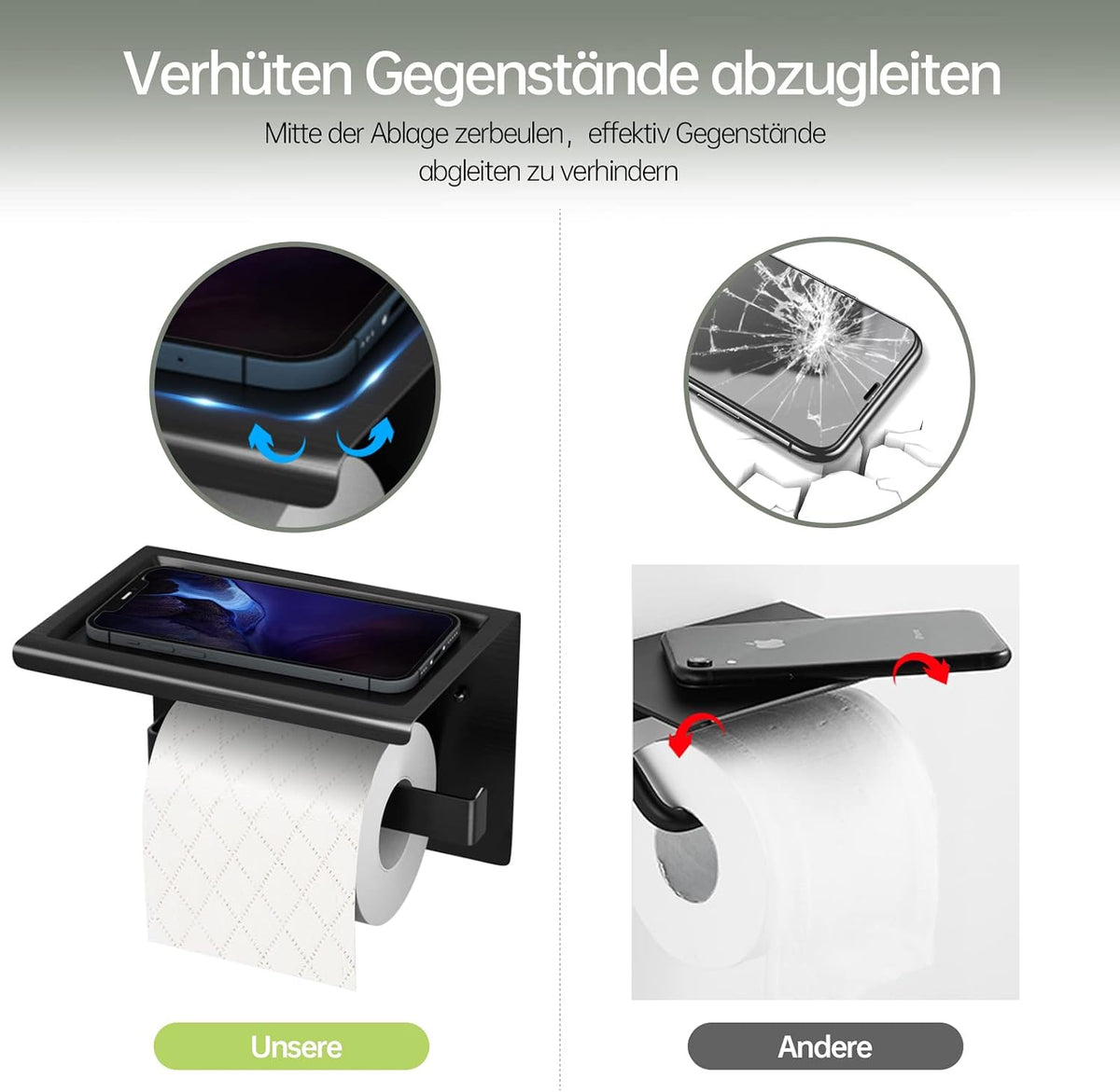 Toilettenpapierhalter Ohne Bohren Aluminium Klopapierhalter Mit 17 Cm Ablage, Selbstklebende WC Papier Halterung Mit 2 Klebehaken Wandmontage Klorollenhalter Für Küche Und Badzimmer Schwarz