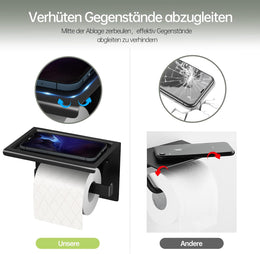 Toilettenpapierhalter Ohne Bohren Aluminium Klopapierhalter Mit 17 Cm Ablage, Selbstklebende WC Papier Halterung Mit 2 Klebehaken Wandmontage Klorollenhalter Für Küche Und Badzimmer Schwarz