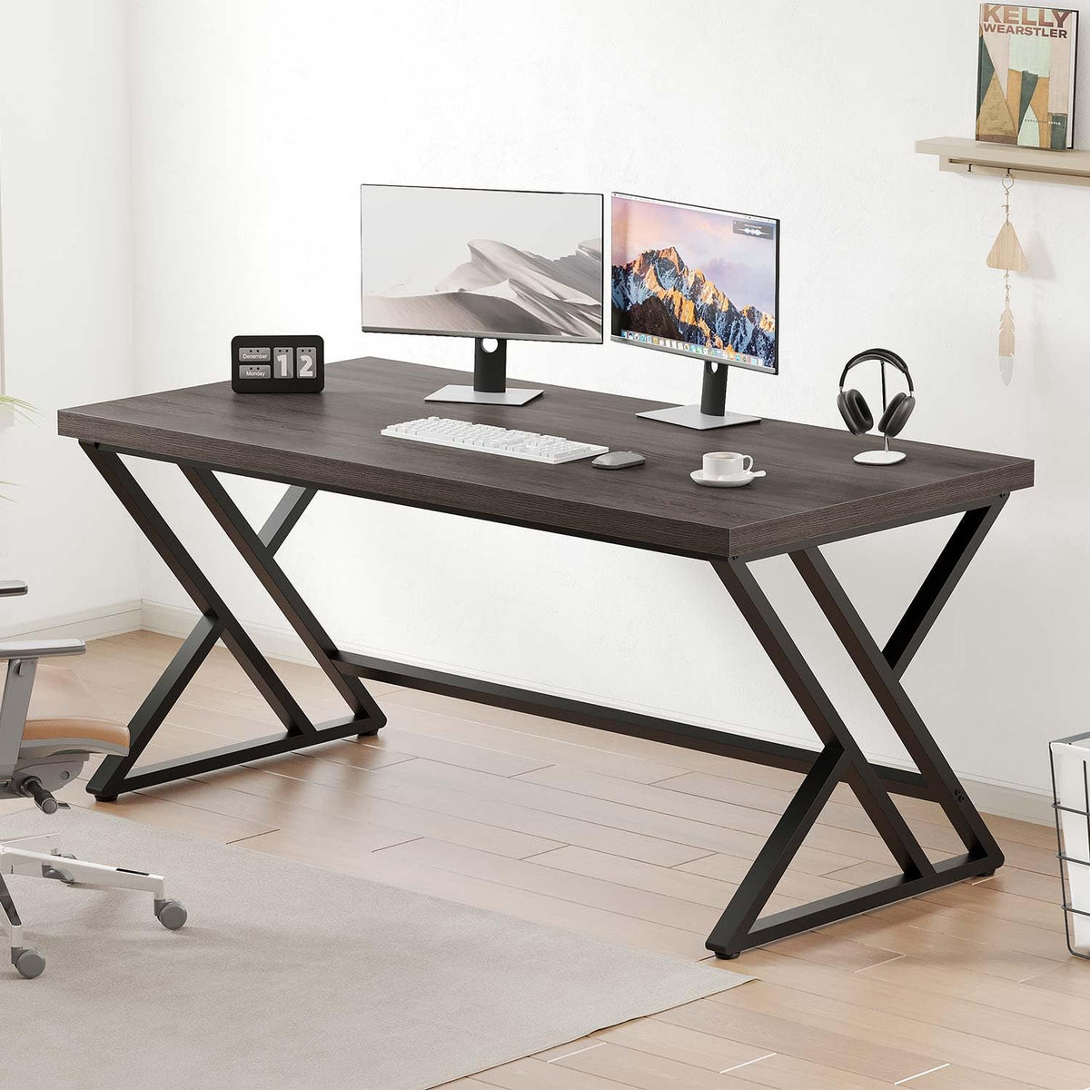 LVB Moderner Computertisch Industrieller Heimbür Mit Stauraum, Metall-Holz, Schreibtisch Arbeitszimmer Computertisch Für Schlafzimmer Einfacher Gaming-Schreibtisch Rustikales Braun