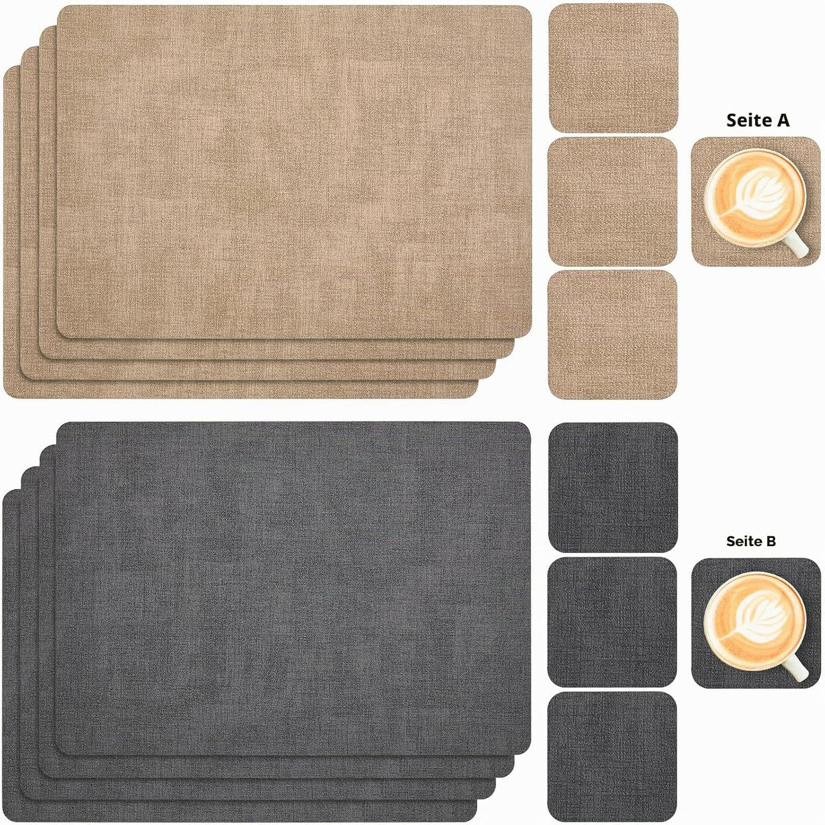 Tischsets Abwaschbar Und Untersetzer 6Er Set, Platzsets Abwaschbar Doppelseitig Bedruckt Kunstleder Schmutzabweisend & Rutschfest, Platzdeckchen Abwischbar Mit Lederoptik Für Esszimmer