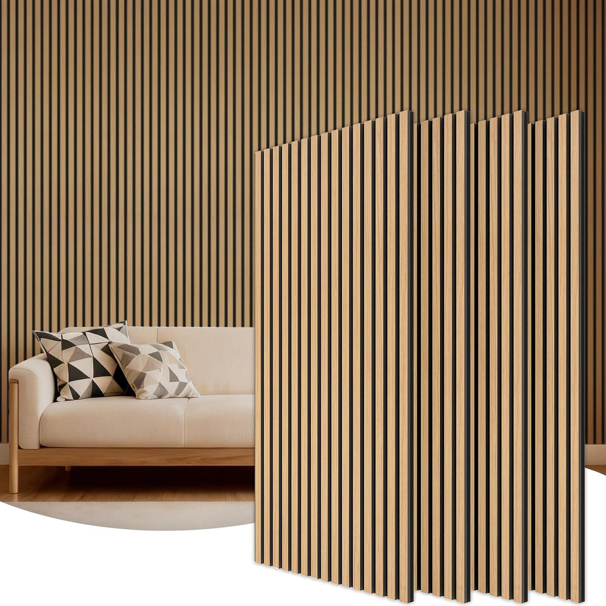 TONOR Akustikpaneele Holz, 4 Stück 120 X 60Cm - 2,88M² Wandpaneele Holz Holzpaneele Wand Als Schallschutzplatten, Wandverkleidung Holzoptik Für Wanddeko Wohnzimmer, Büro, Küche, Eiche