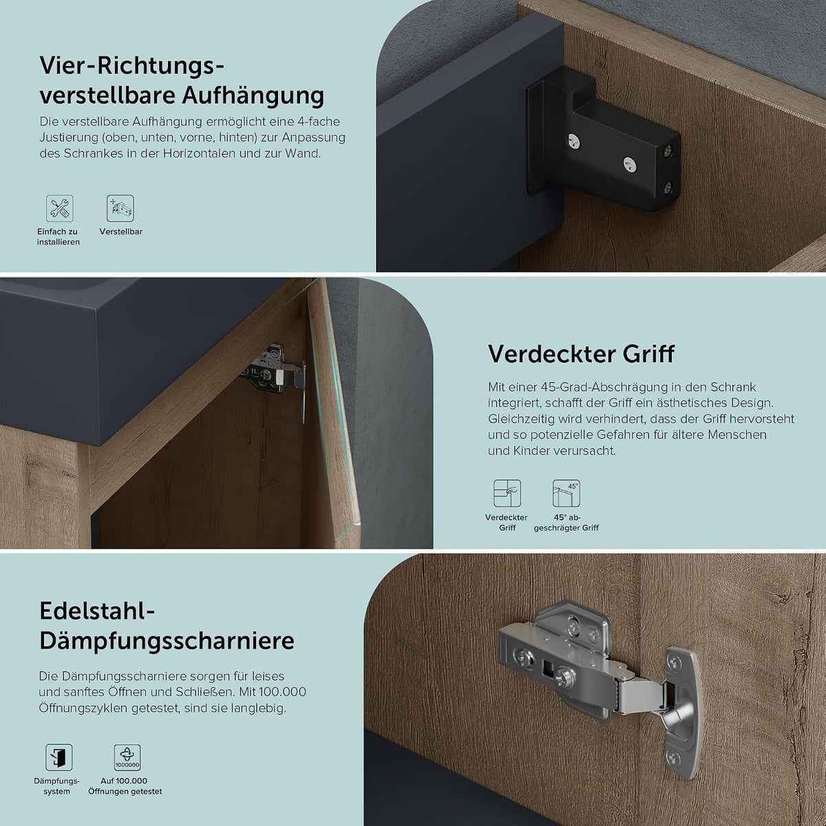 Doporro Badezimmerschrank Badmöbel-Set in Eiche Greige Bxtxh: 46X26X63Cm Waschtisch Mit Unterschrank Mit Mineralguss-Waschbecken in Matt Anthrazit Gäste-Wc Wandmontage Pisa02