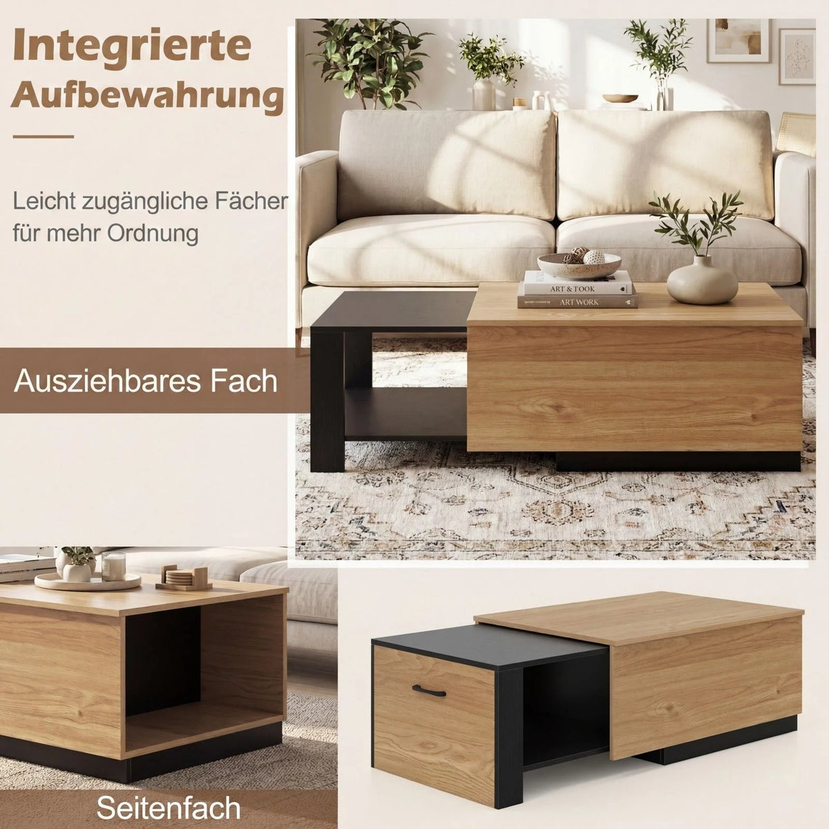 Couchtisch Wohnzimmertisch Mit Ausziehbarer Schublade & Verstecktem Geheimfach Rechteckiger Kaffeetisch