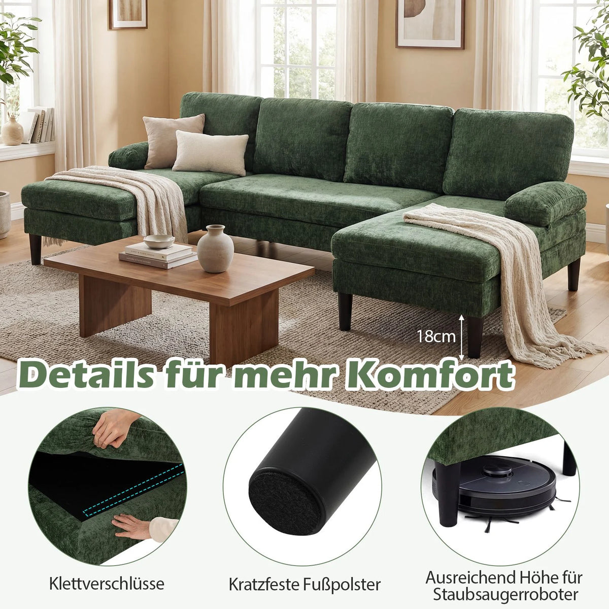 U-Förmige Couch Für 5-6 Sitzer Clound Ecksofa Mit Bezug Aus Cordstoff Modernes Schlafsofa Grün
