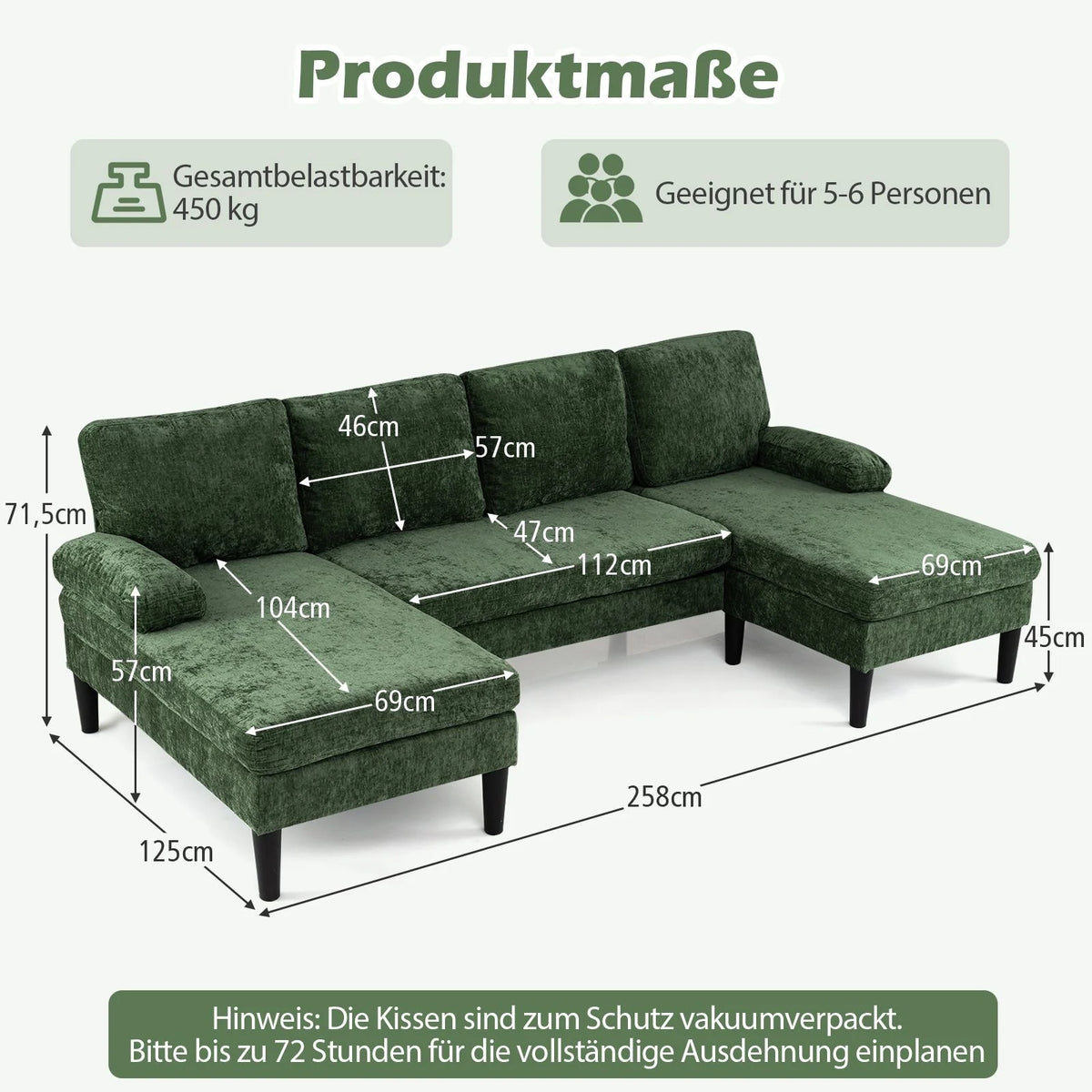 U-Förmige Couch Für 5-6 Sitzer Clound Ecksofa Mit Bezug Aus Cordstoff Modernes Schlafsofa Grün