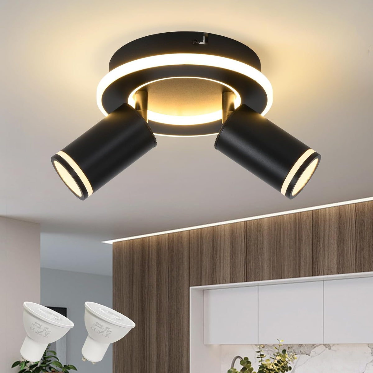 SANSHI Deckenleuchte 4 Flammig Led,Schwenkbar 350°Deckenstrahler,Deckenlampe Mit Unteres Glühen 36W+4X5W GU10 Spots,Modern Deckenspot Strahler 3000K Warmweiß,Spotlight Lampe Für Wohnzimmer,Schwarz