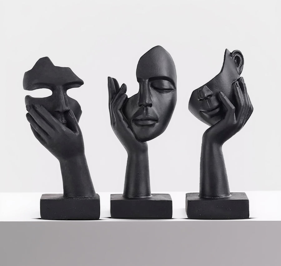 Schwarze Heimdekoration Akzentkunst Frau Gesicht Statue Sammlerstück Statue Für Modernes Zuhause Wohnzimmer Bücherregal Schwarz Schreibtisch Dekor 3-Teiliges Set