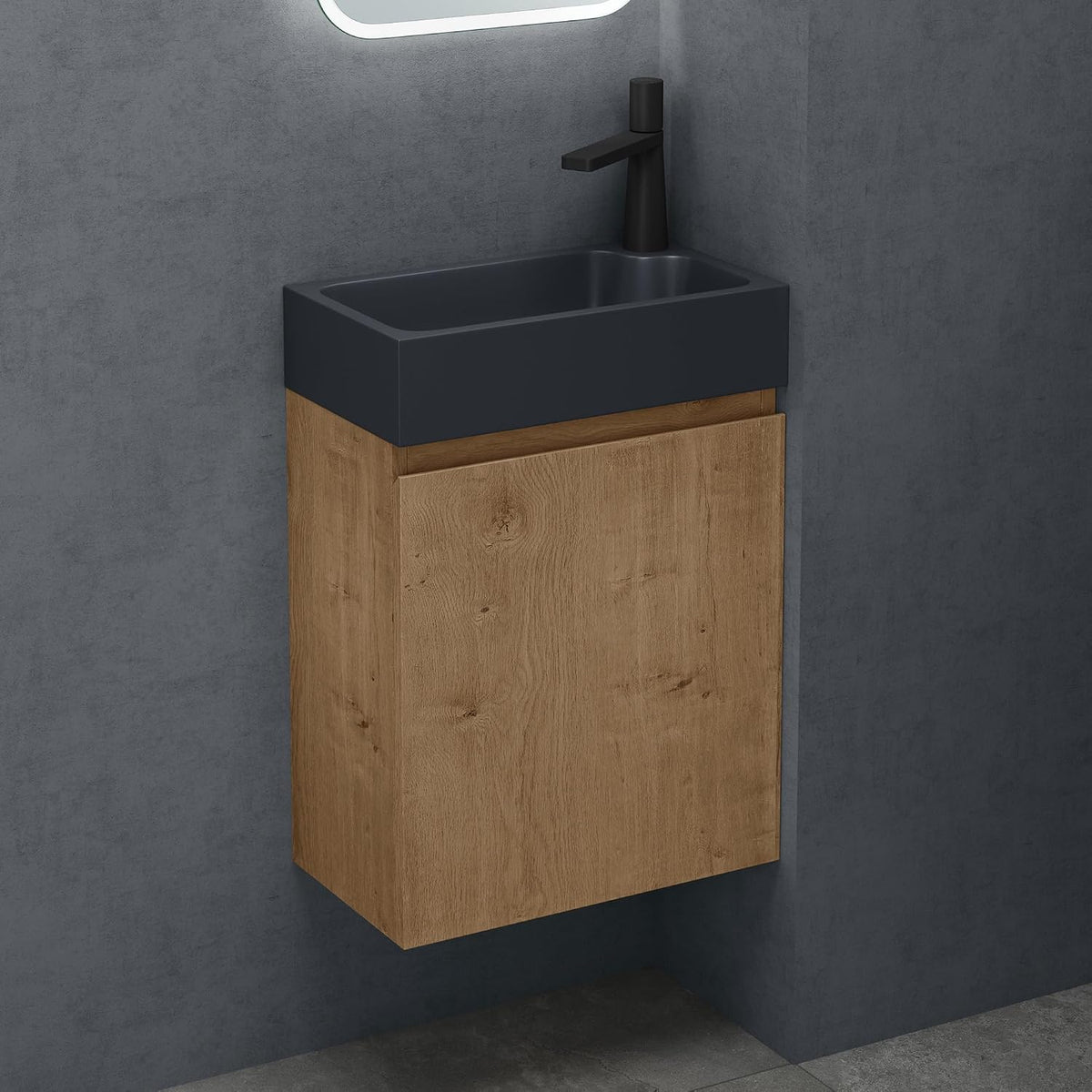 Doporro Badezimmerschrank Badmöbel-Set in Eiche Greige Bxtxh: 46X26X63Cm Waschtisch Mit Unterschrank Mit Mineralguss-Waschbecken in Matt Anthrazit Gäste-Wc Wandmontage Pisa02