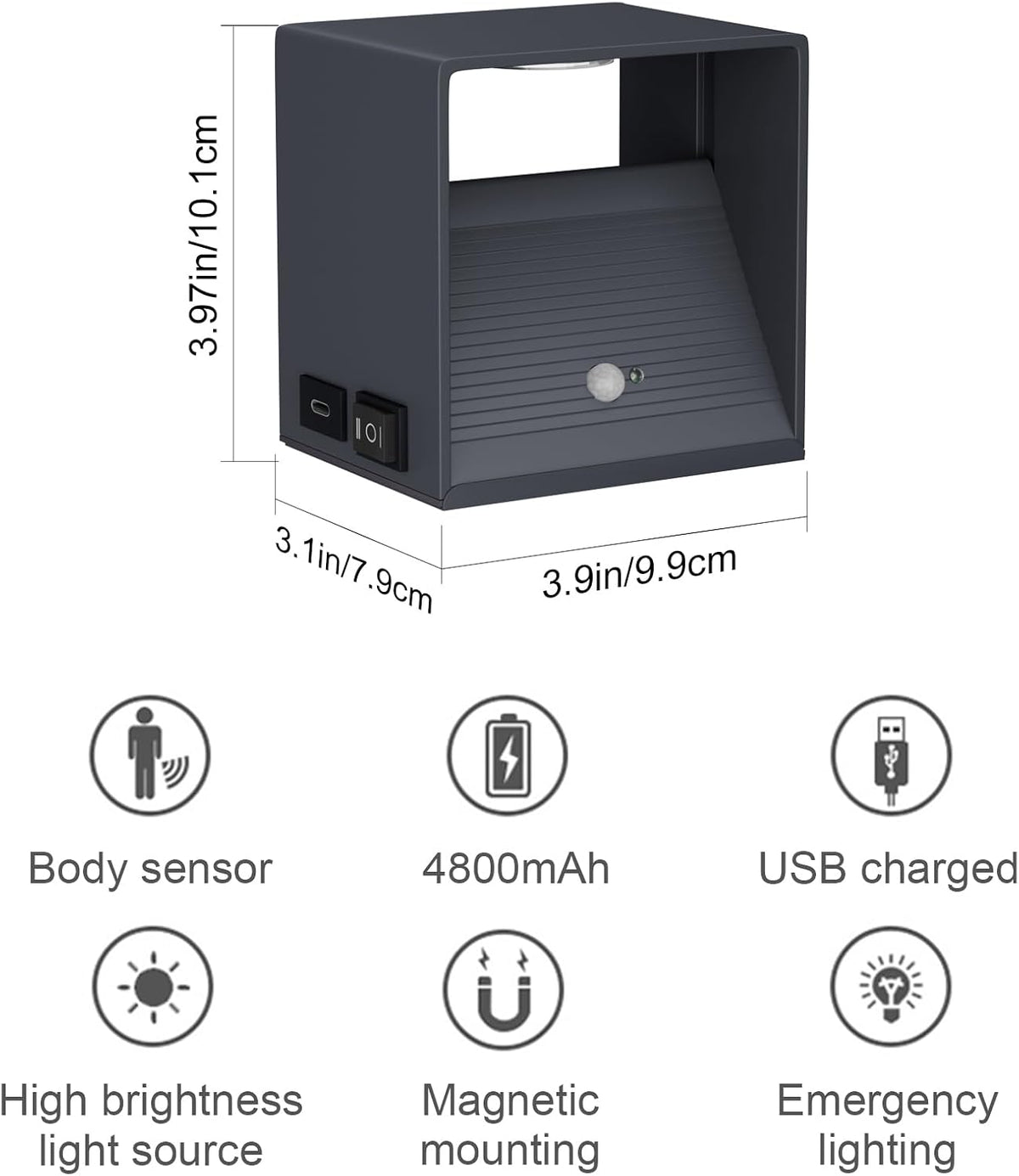 K-Bright Akku Wandleuchte Mit Bewegungsmelder Innen LED Wandlampe Batteriebetrieben Mit Schalter,5W USB Aufladbare Wandbeleuchtung Magnetische Flurlampe, Für Schlafzimmer Wohnzimmer Treppe,Anthrazit
