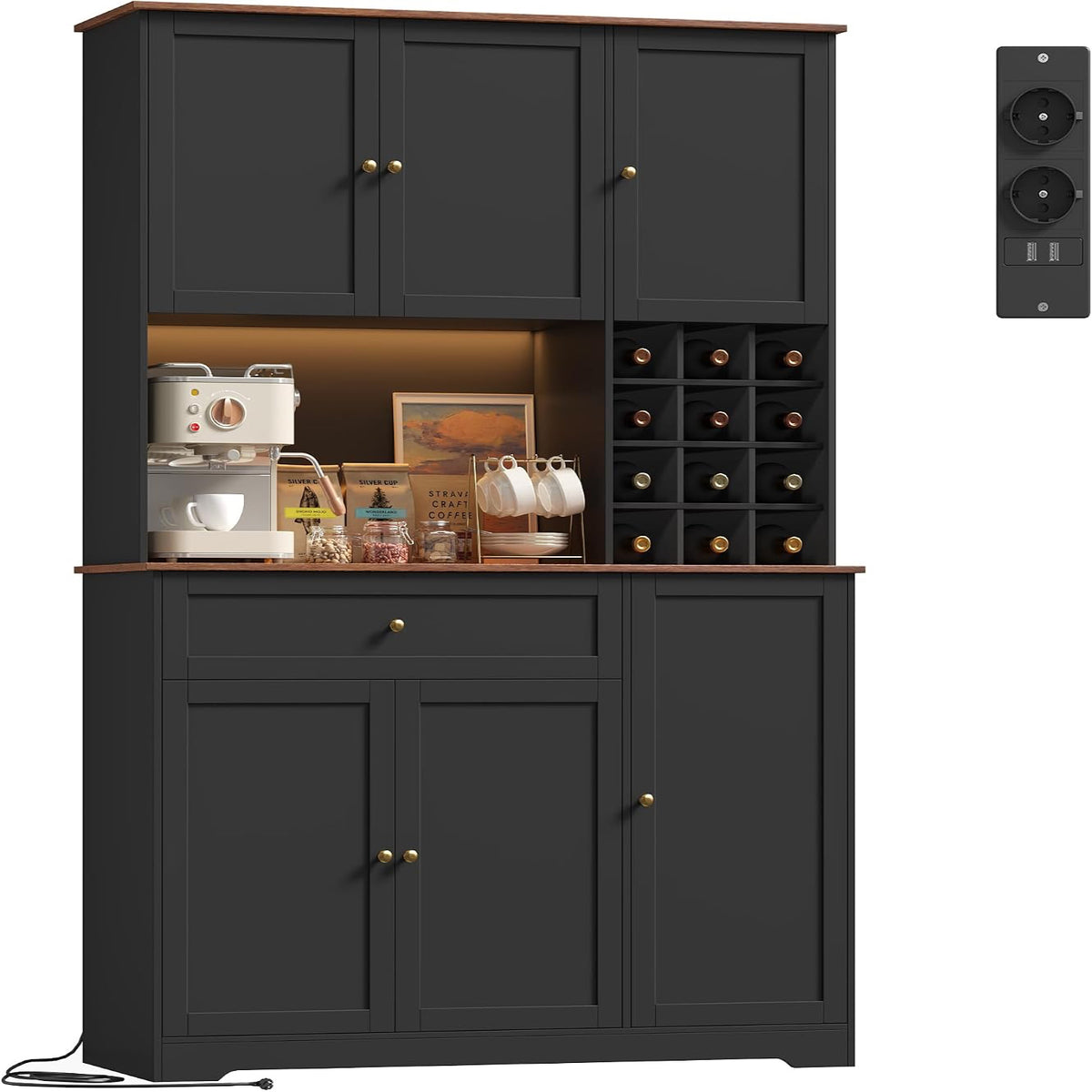 Firfurd Küchenschrank 180Cm Buffetschrank Mit LED Sideboard Für Küche Mit Steckdosenleiste Küchenschrank Mit Arbeitsplatte & Weinregal Für 12 Flaschen Küchenbuffet Küchenmöbel 180X100X39Cm Weiß