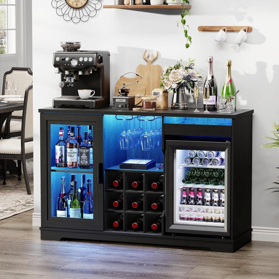 BROTTAR Barschrank Mit Kühlschrank (Inklusive), Weinkühlschrank Mit Led-Beleuchtung, Getränkeschrank Sideboard Mit Bewegungssensor, Weinschrank Für Wohnzimmer Küche Esszimmer (Schwarz)