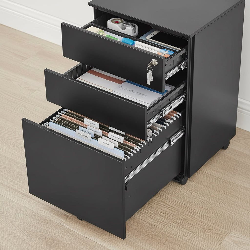 SONGMICS Rollcontainer, Unter Schreibtisch, Mit 3 Schublade, Vormontiert, Abschließbarer Büroschrank Mit Hängeregistratur, Für Akten, Dokumente, Schreibwaren, 52 X 39 X 60 Cm, Schwarz OFC60BK