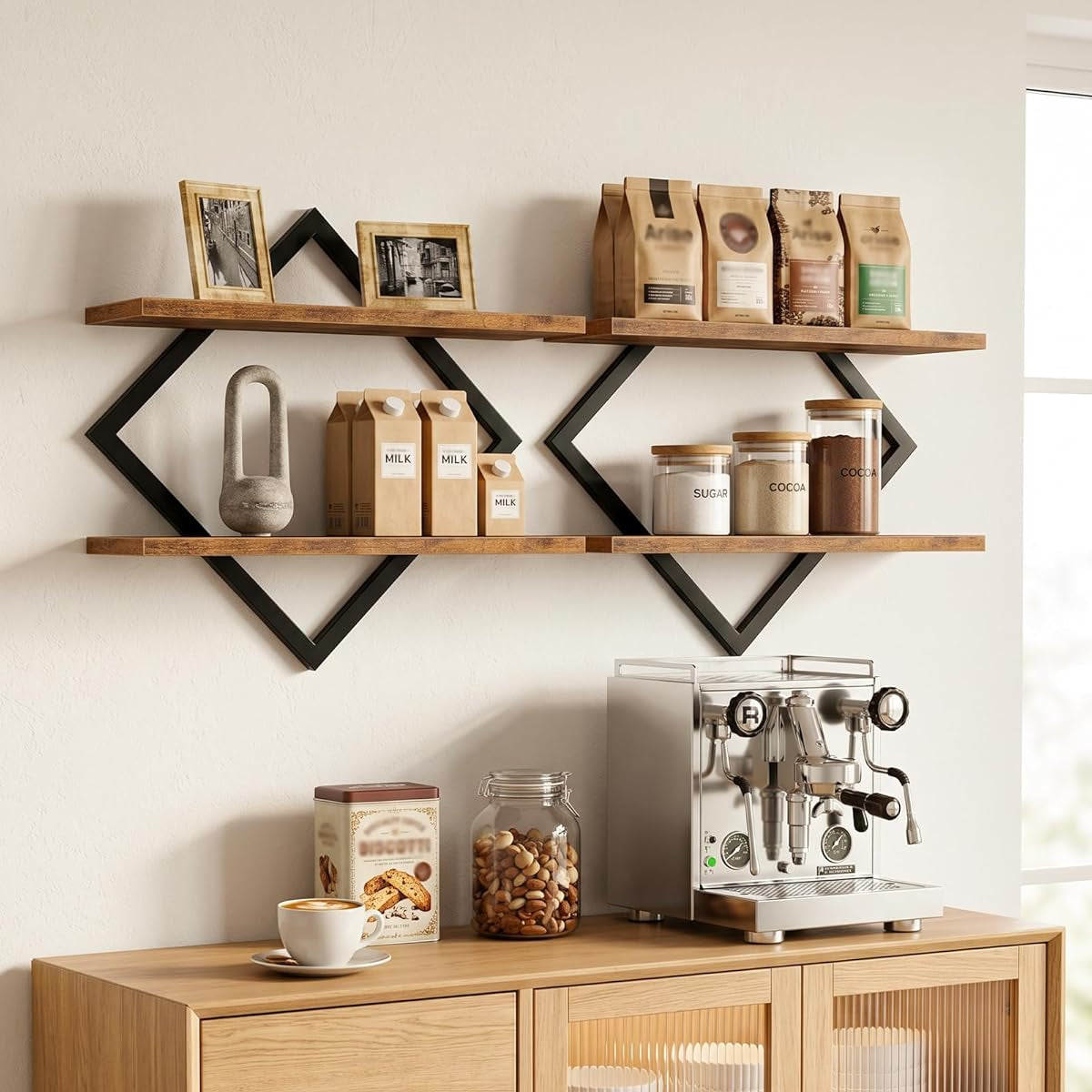 CHOEZON Wandregal, 2Er-Set, Schweberegal, 2-Stöckige Hängeregale, Für Wohnzimmer, Schlafzimmer, Küche, Büro, Rustikales Braun Und Schwarz DTBJ01P2BF