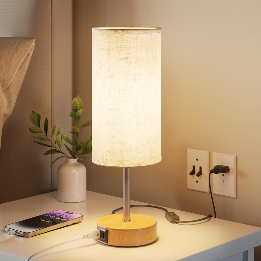 Nachttischlampe Touch, Tischlampe Mit USB-A & USB-C Ladefunktion | Schreibtischlampe Dimmbar, Leselampe Mit 3-Stufigem Warmlicht, Leinen-Lampenschirm, 1,5 M Kabel, E27-Lampe Inkl., Holzoptik